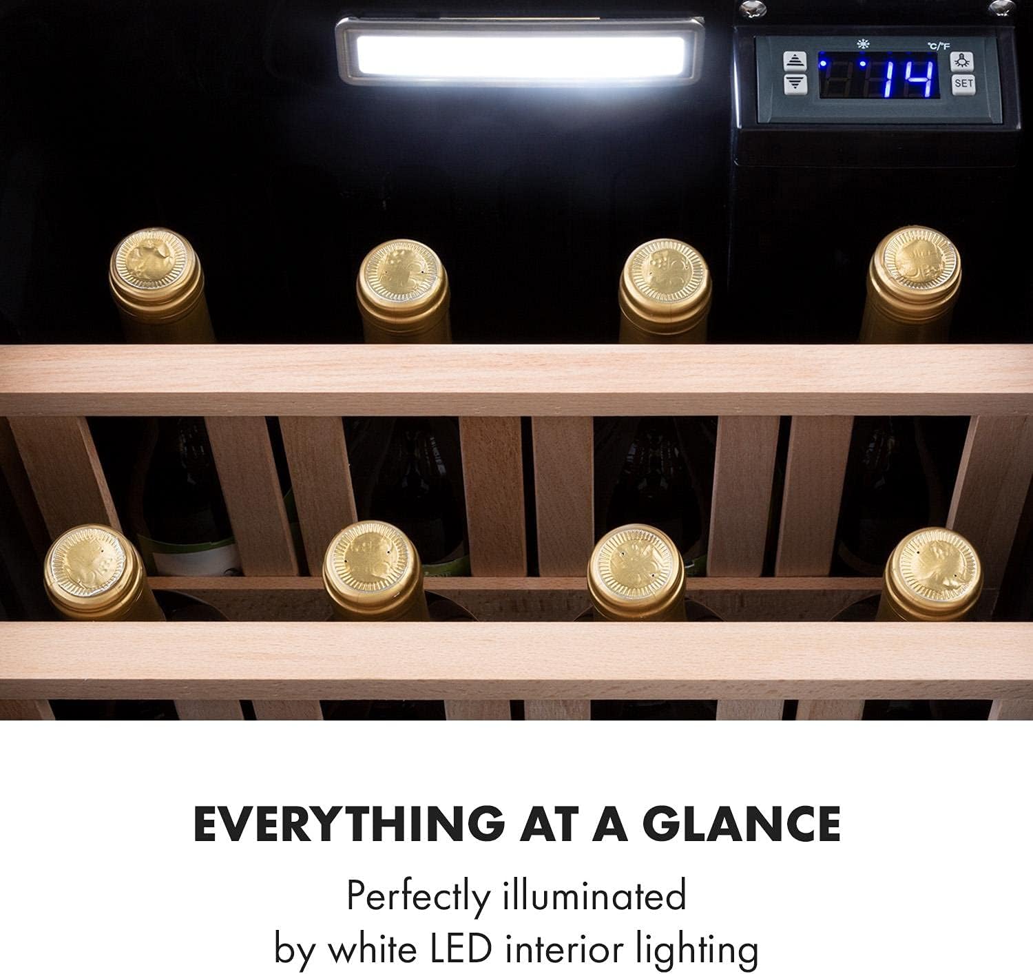 Klarstein Weinkühlschrank, Getränkekühlschrank Schmal, Kühlschrank mit Glastür, Getränkekühlschränke Freistehend, Weinkühlschrank Klein, Weinkühlschränke 1 Zone, UV-Schutz, 4-22 °C, 19 Flaschen