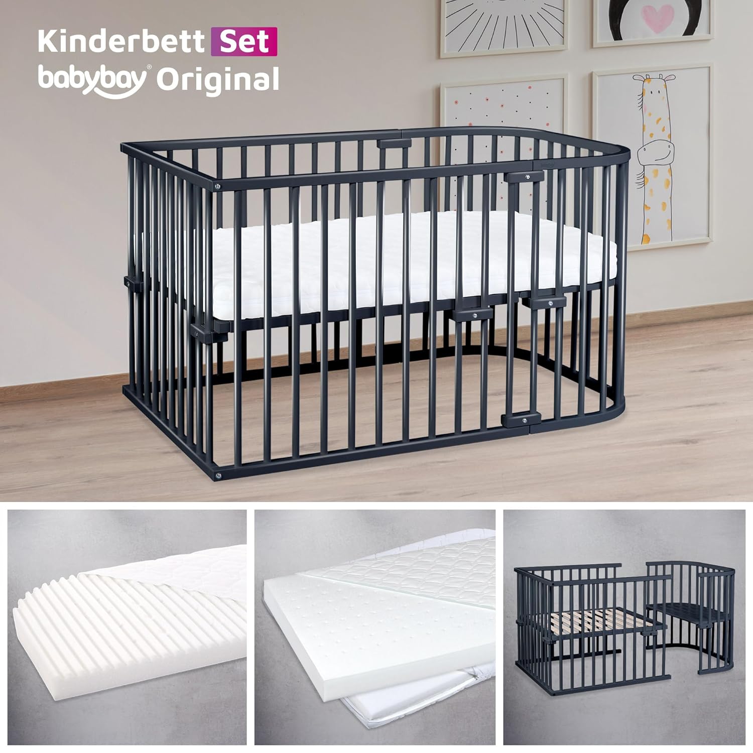 babybay Original Beistellbett aus massivem Buchenholz / kompakt & verwandelbar / Kinderbett Höhe stufenlos verstellbar & umweltfreundlich / mitwachsendes Babybett (weiß lackiert) / inkl. Matratze