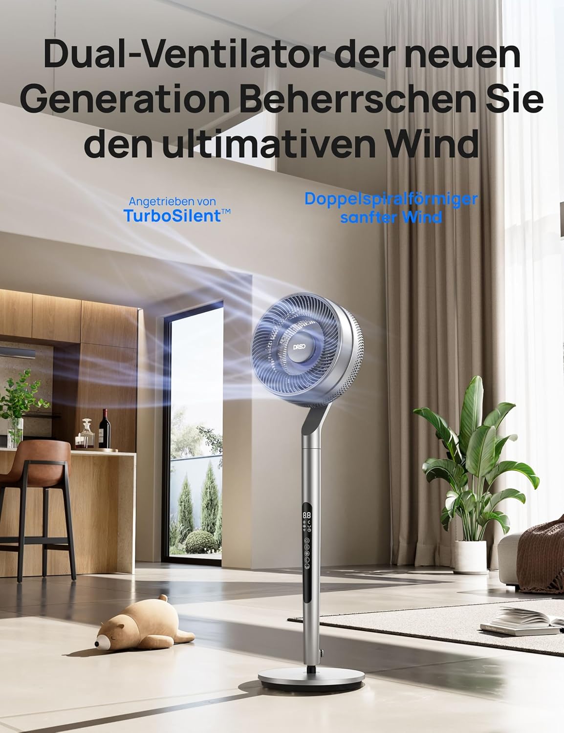Dreo Standventilator mit intelligenter Steuerung, 101,6–111,8 cm höhenverstellbar, DC leiser Ventilator für Schlafzimmer, 120°+85° omnidirektionaler oszillierender Ventilator, 30,5 m Luftstrom, 10