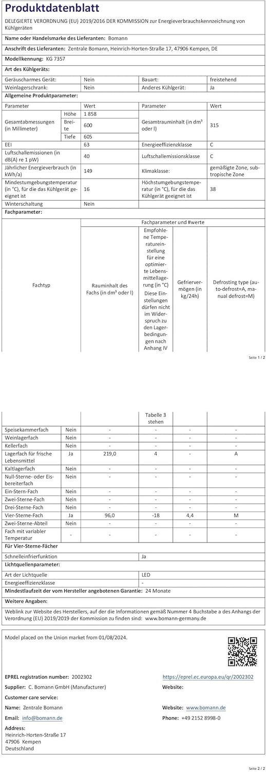 Bomann® Kühlgefrierkombination, 269 L Nutzinhalt - Kühlen: 198 L | Gefrieren: 71 L, Energiesparend, leise 39 dB, LED, wechselbarer Türanschlag, Höhe:180 x Breite: 55 x Tiefe: 55.8 cm - KG 184.1 weiß