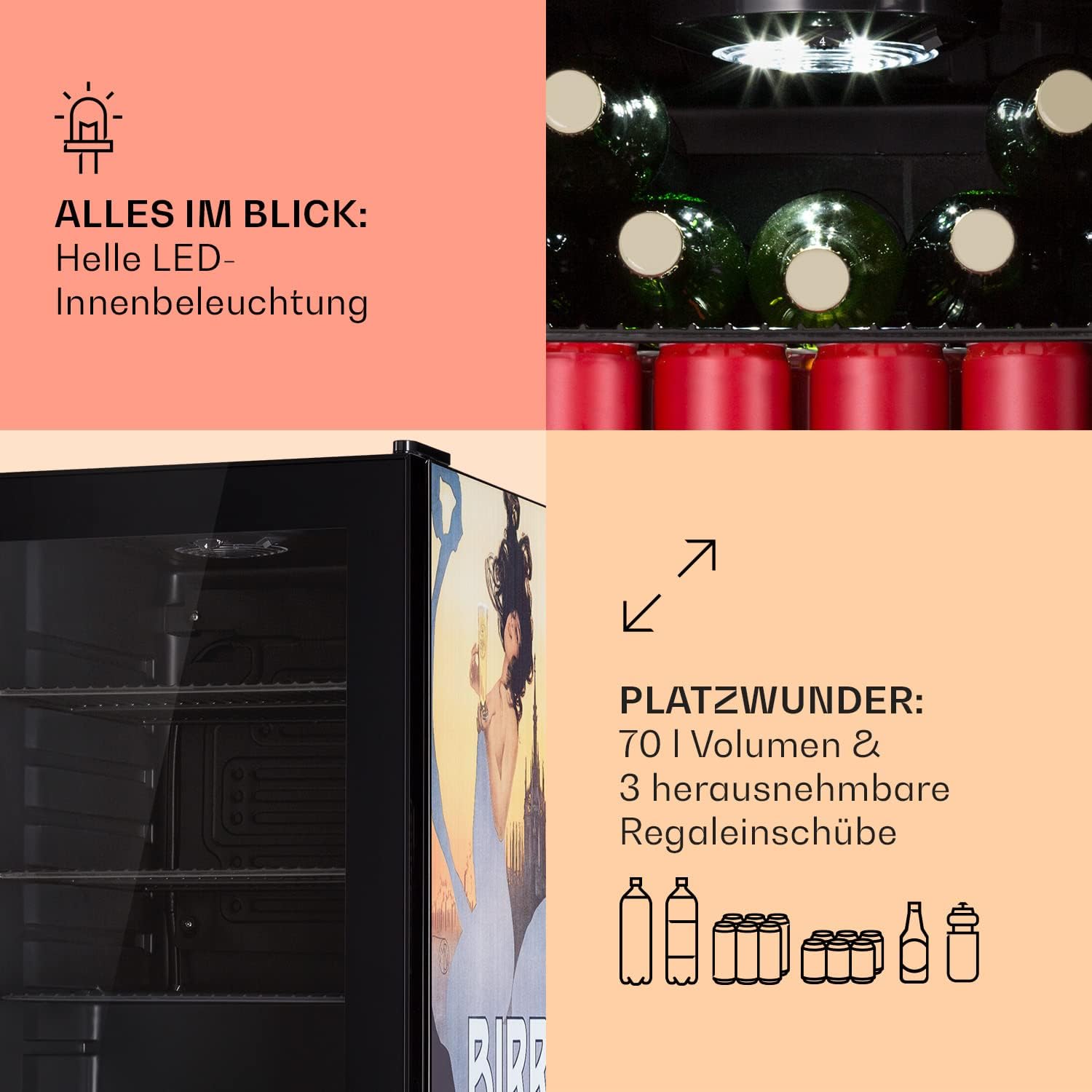 Klarstein Kühlschrank 70L, Kleiner Kühlschrank mit Herausnehmbaren Ablagen, Leiser Mini Kühlschrank mit Glastür & LED, Getränkekühlschrank Klein, Outdoor Geeignet, Biersafe für Flaschen, 0-10°C