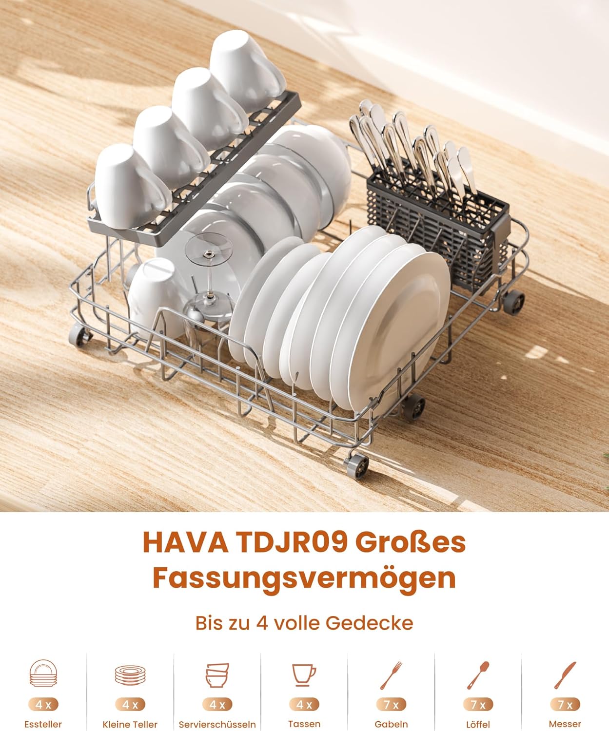 HAVA 2025 NEUE Tischgeschirrspüler mit Wasserenthärter und erhöhter Energieeffizienz, Spülmaschine mit 8 Programmen, Kindersicherung & verzögerter Start, keine Installation erforderlich