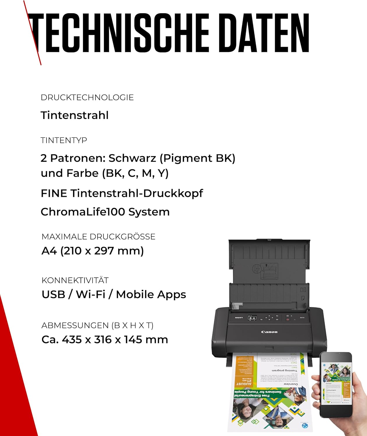 Canon PIXMA TR150 mobiler Drucker mit Akku (WLAN, Cloud, AirPrint, 4.800 DPI x 1.200 DPI, Highspeed USB Typ C, OLED-Display, Tintenstrahldrucker), schwarz