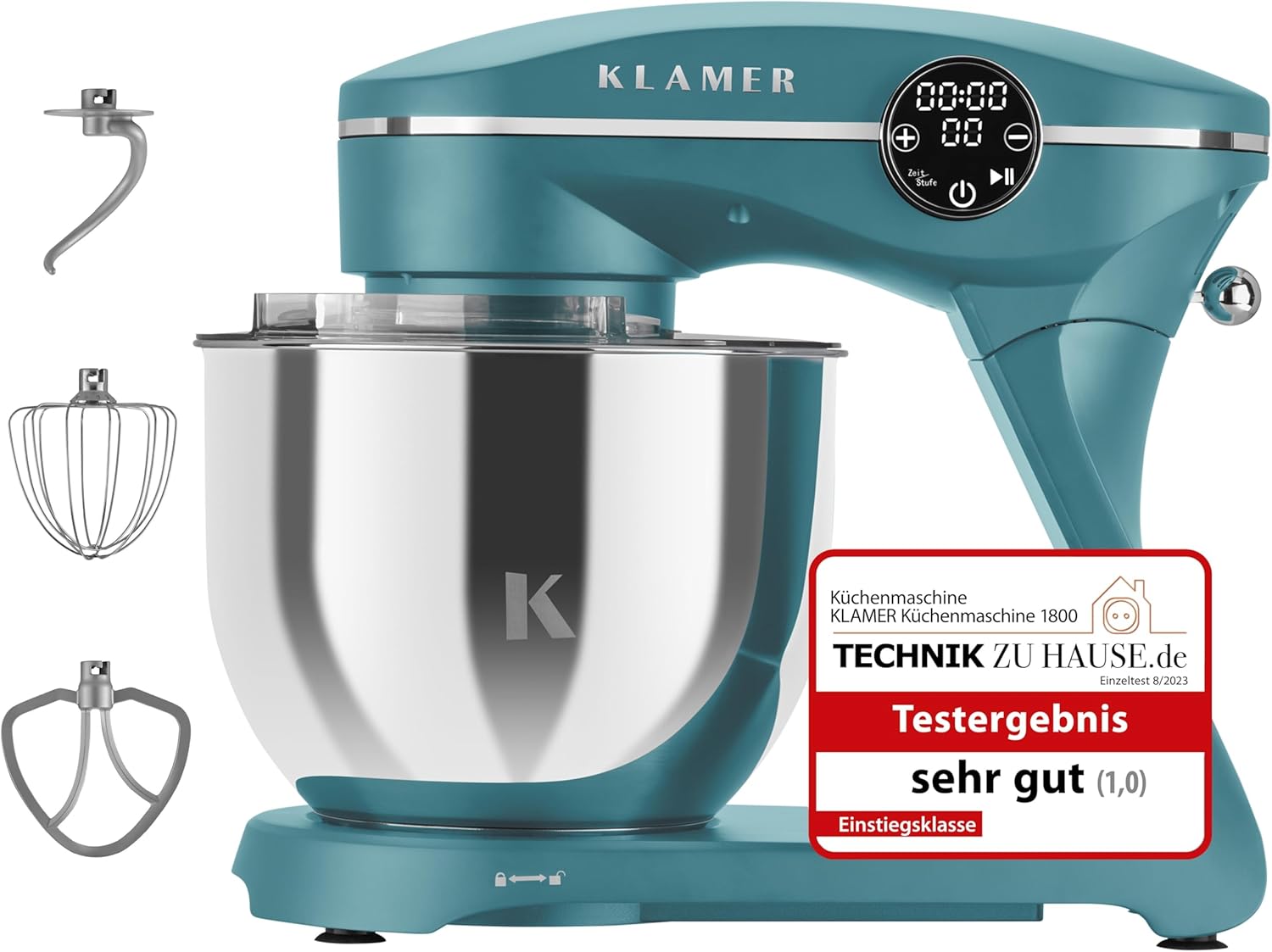 KLAMER Küchenmaschine 1800W, Knetmaschine mit 6 Liter Edelstahl Schüssel, 10 Geschwindigkeitsstufen mit Timer, Rührbesen, Knethaken, Schneebesen und Spritzschutz
