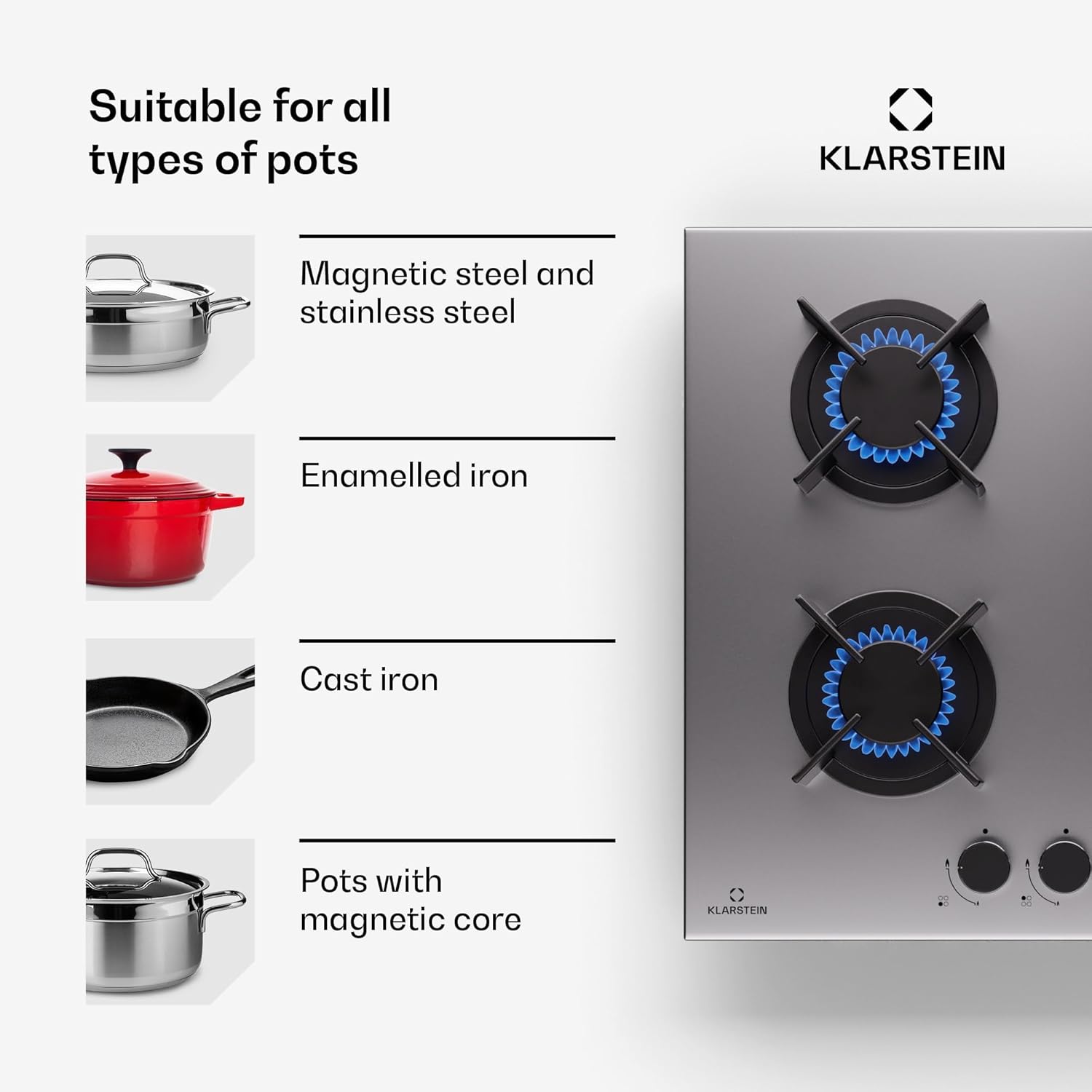 Klarstein Gasherd, Gaskochfeld 5 Flammen, Einbau-Gaskocher für Zuhause & Wohnmobil, Campingkocher mit Glasplatte, Gasherd für Propan- und Erdgas, Edelstahl Gas-Herdplatte Wok Brenner 10400 Watt