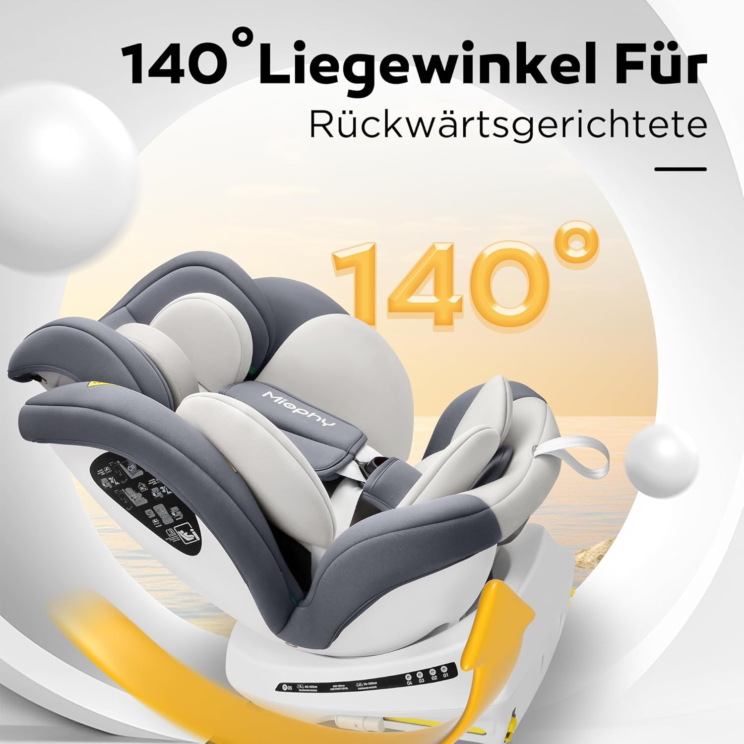 Miophy I-Size 360°drehbar Kindersitz, Gruppe 0+1/2/3, 0-12 Jahre, 40-150 cm, Baby Autositz mit isofix