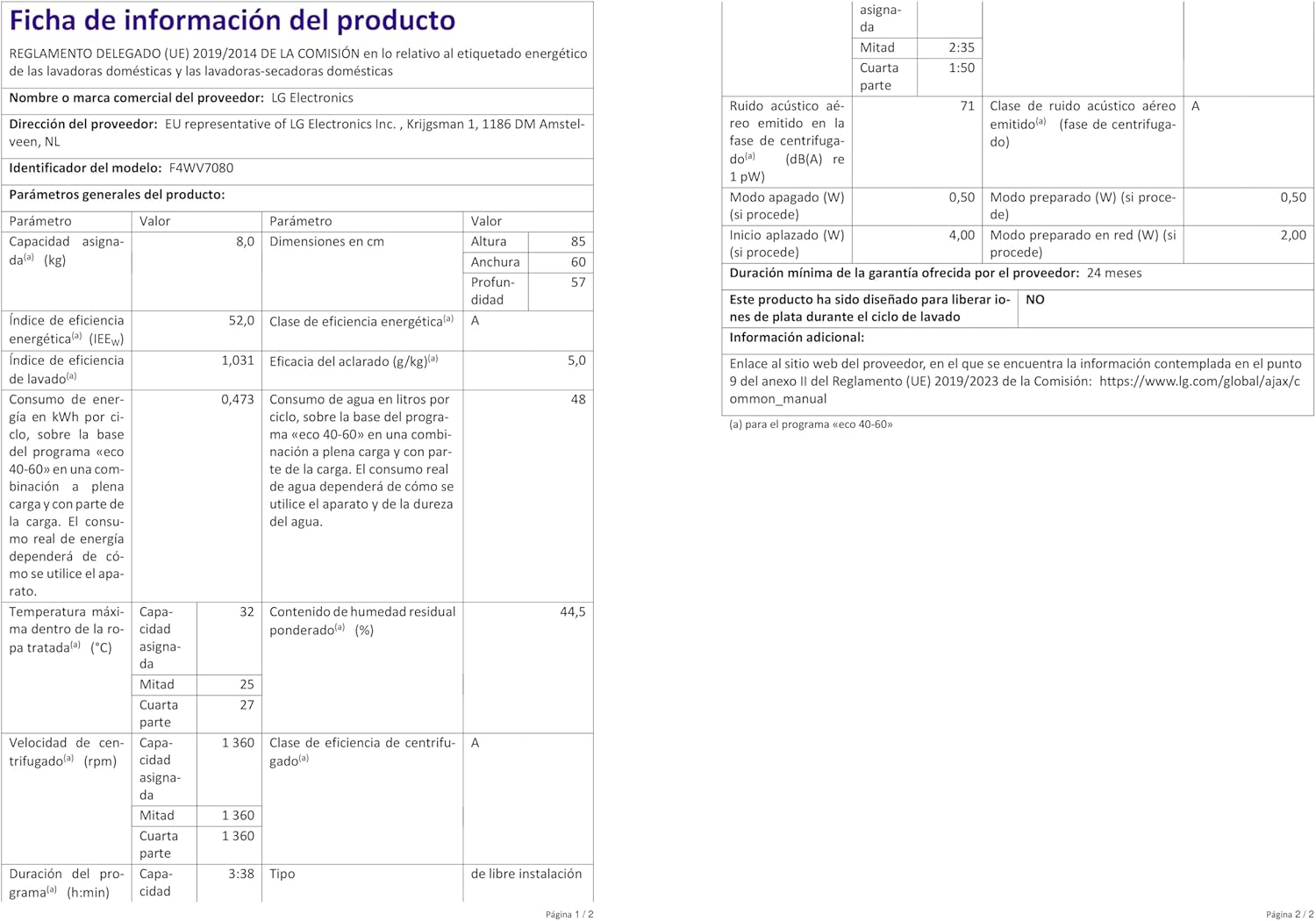 LG F4WV7080, Klasse A, Frontlader-Waschmaschine 8 kg, 1400 U/Min, AI Direct Drive, Wi-Fi, Tiefenreinigung mit Dampf, Groe Kapazitt, TRIPLE A, Auentür aus Sicherheitsglas, 62 x 60 x 85 cm Wei