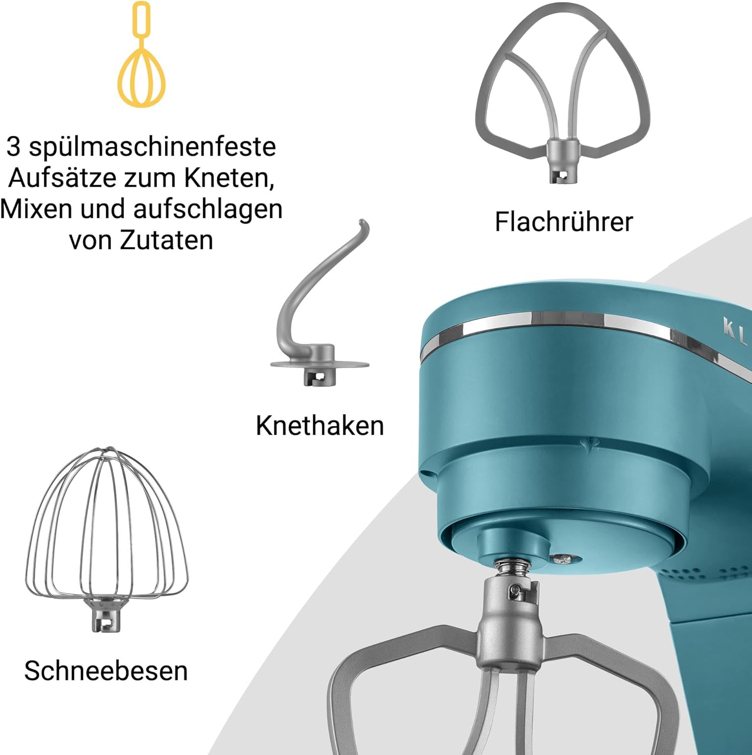 KLAMER Küchenmaschine 1800W, Knetmaschine mit 6 Liter Edelstahl Schüssel, 10 Geschwindigkeitsstufen mit Timer, Rührbesen, Knethaken, Schneebesen und Spritzschutz