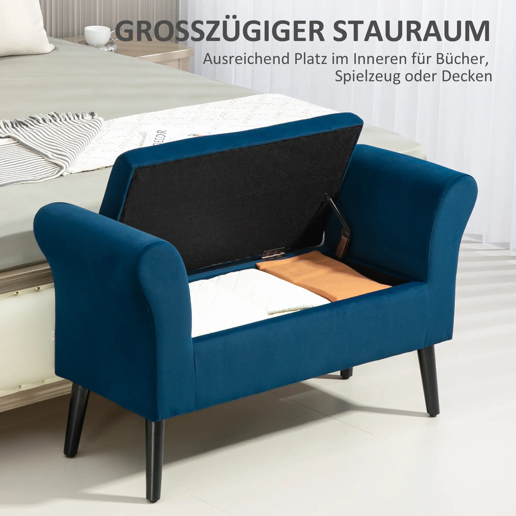 HOMCOM Sitzbank mit Stauraum & Armlehnen, Dunkelblau