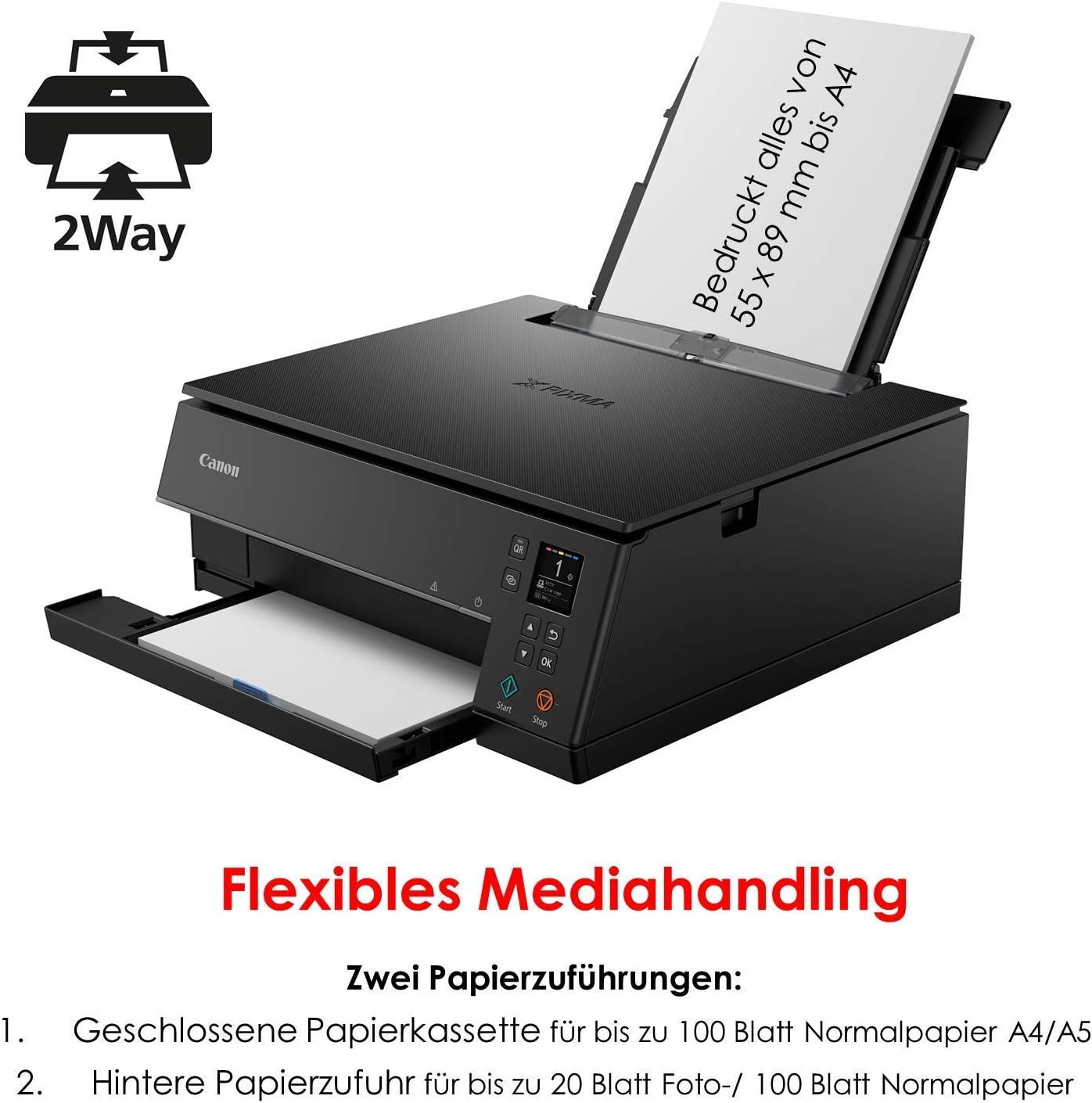 Canon PIXMA TS6350a Drucker Farbtintenstrahl Multifunktionsgerät DIN A4 (Fotodrucker, Scanner, Kopierer, OLED, 4.800x1.200 dpi, USB, WLAN, 5 separate Tinten, Duplexdruck, 2 Papierzuführungen), schwarz