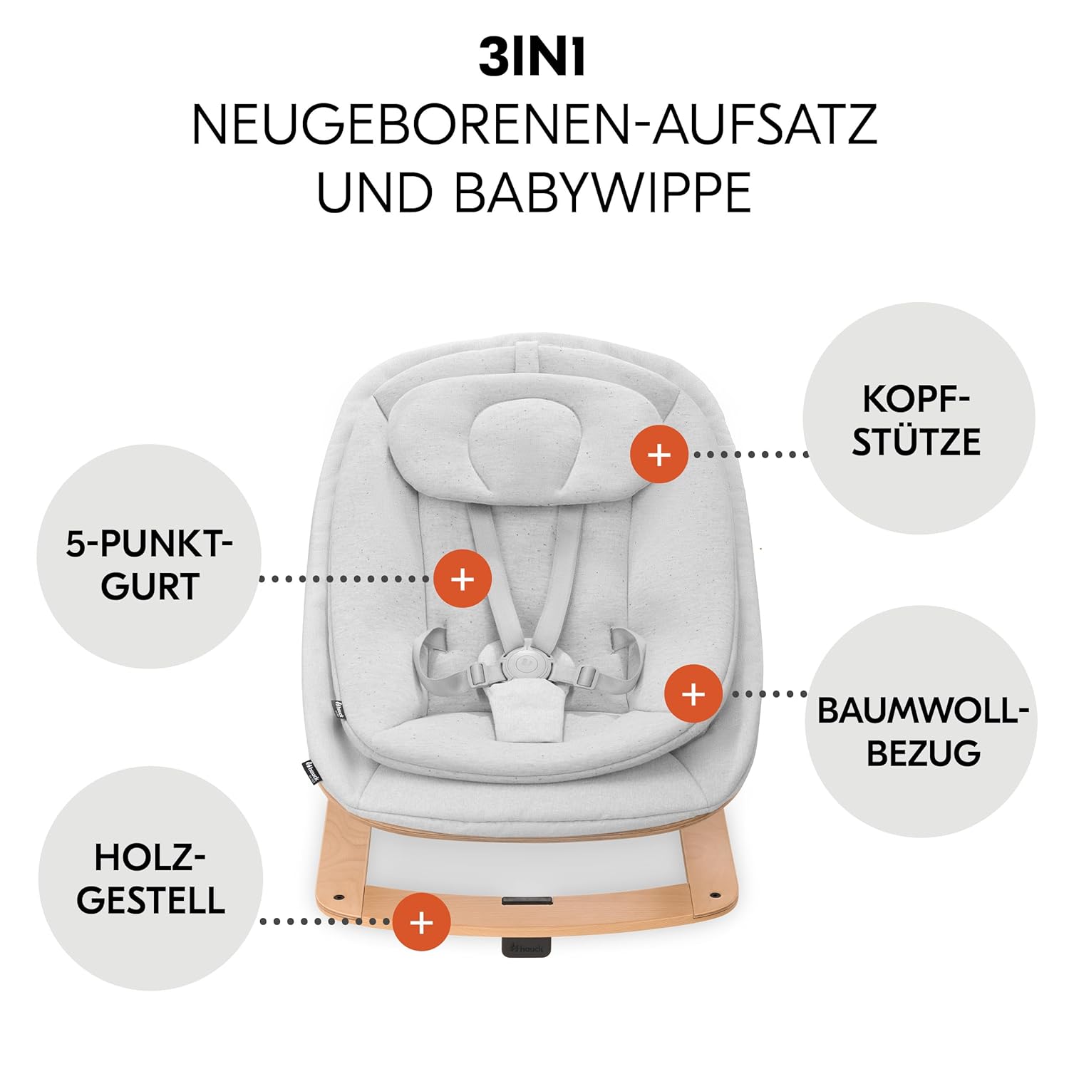 hauck Hochstuhl Beta+ Newborn Set Eco Bouncer - mitwachsender Holz Babyhochstuhl ab Geburt, inkl. Neugeborenenaufsatz, Sitzpolster und Essbrett - Dark Grey