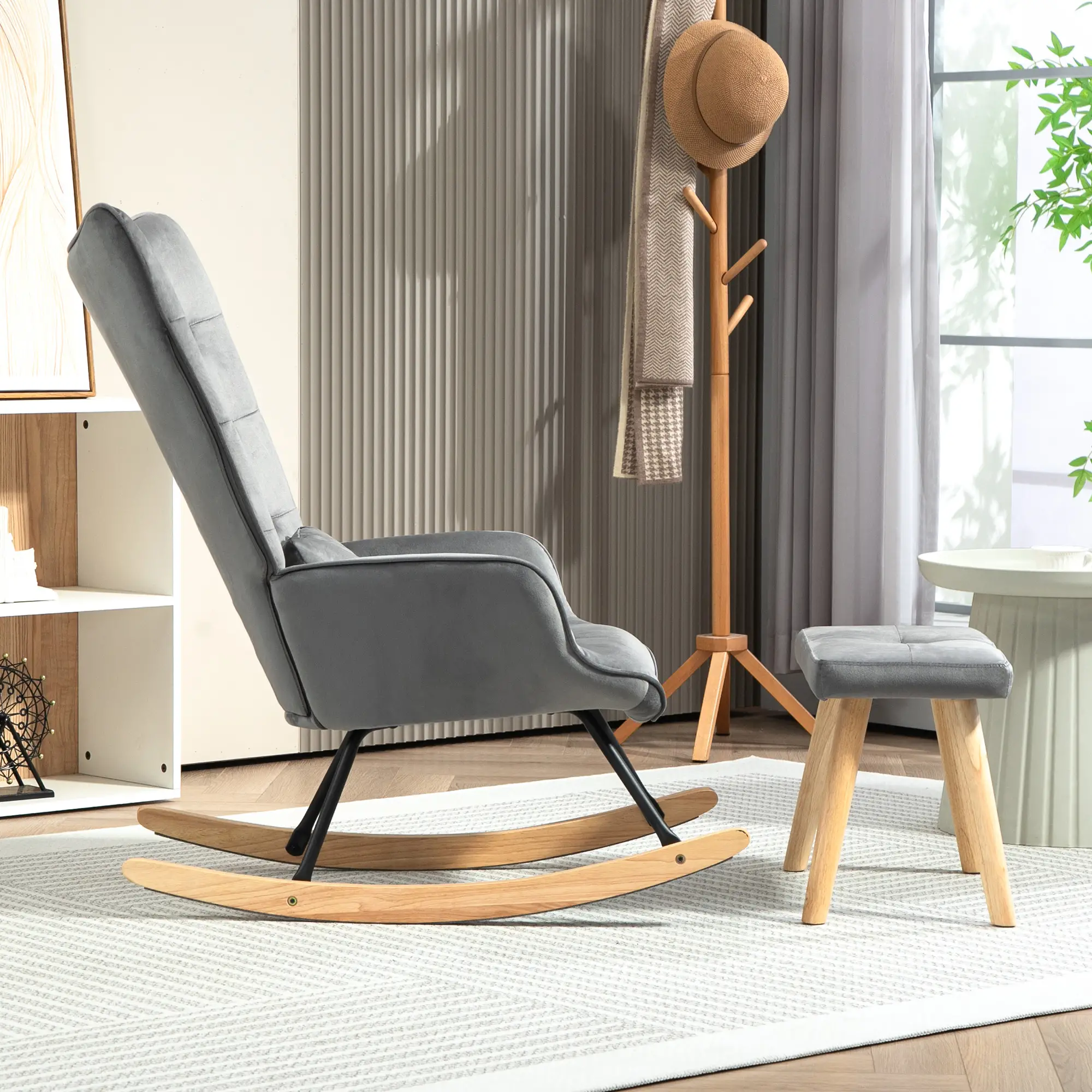 HOMCOM Relaxsessel mit Hocker Schaukelstuhl Set Samt Dunkelgrau