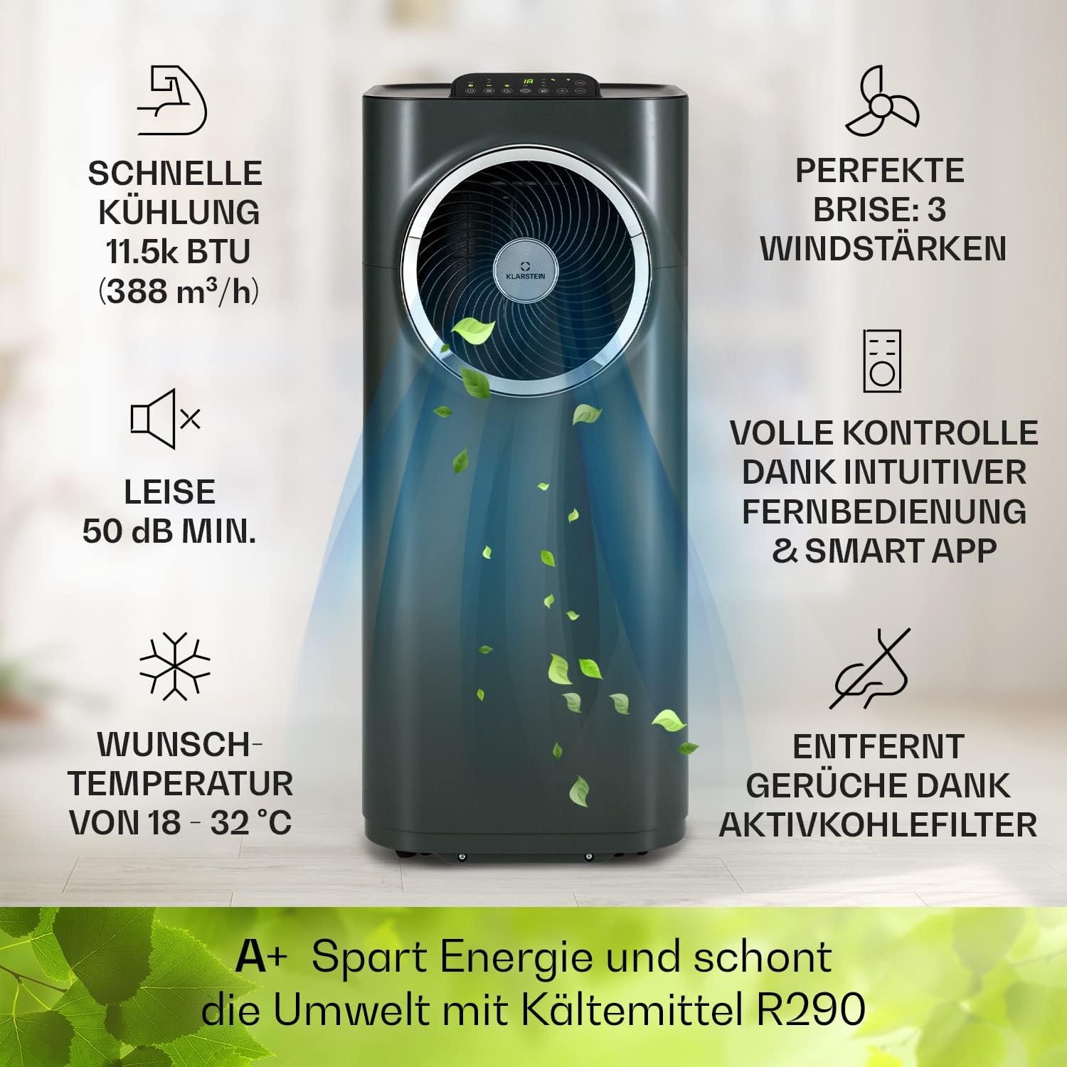 Klarstein Mobile Klimaanlage mit Abluftschlauch, 5-in-1 Klimagerät, Ventilator, Luftentfeuchter, Luftreiniger & Nachtmodus, App-Steuerung, Kleine & Portable für Wohnung & Büro, 12000 BTU