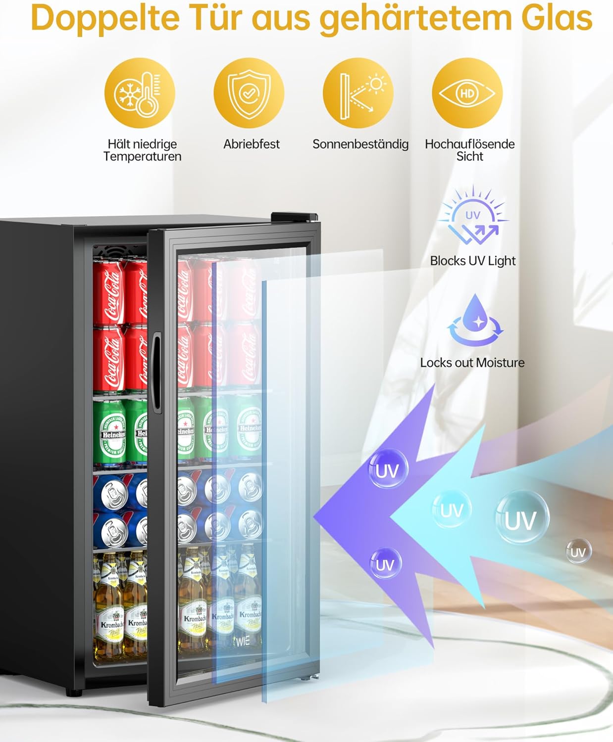 WIE Getränkekühlschrank Mini Kühlschrank mit Doppelte Glastür mit Verstellbaren Ablagen Indoor Outdoor Klein Bierkühlschrank Wendetür Leise 86 Liter 120 Dosen für Soda/Bier für Zuhause/Küche/Bar/Büro