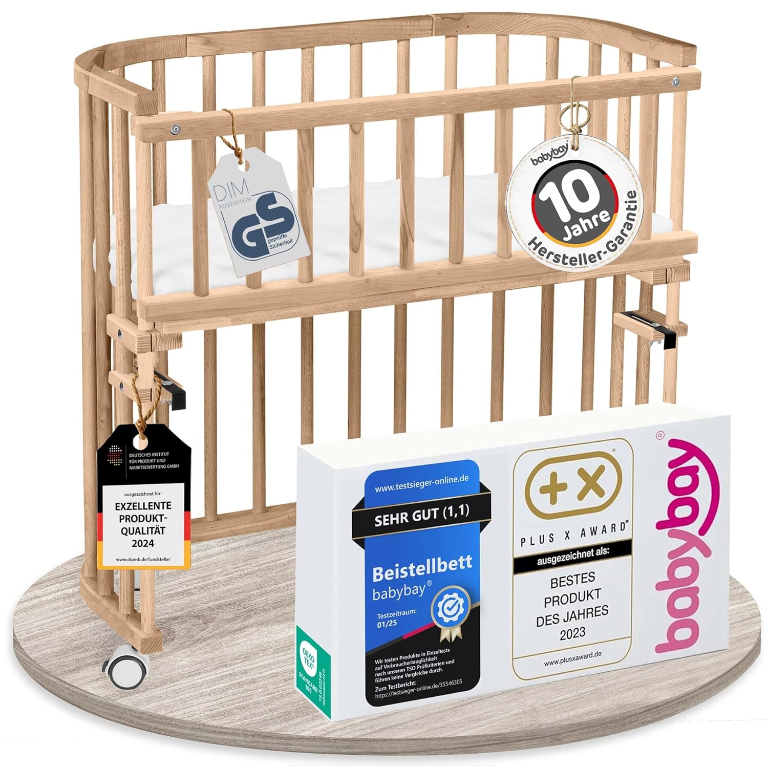 babybay Original Beistellbett aus massivem Buchenholz / kompakt & verwandelbar / Kinderbett Höhe stufenlos verstellbar & umweltfreundlich / mitwachsendes Babybett (weiß lackiert) / inkl. Matratze