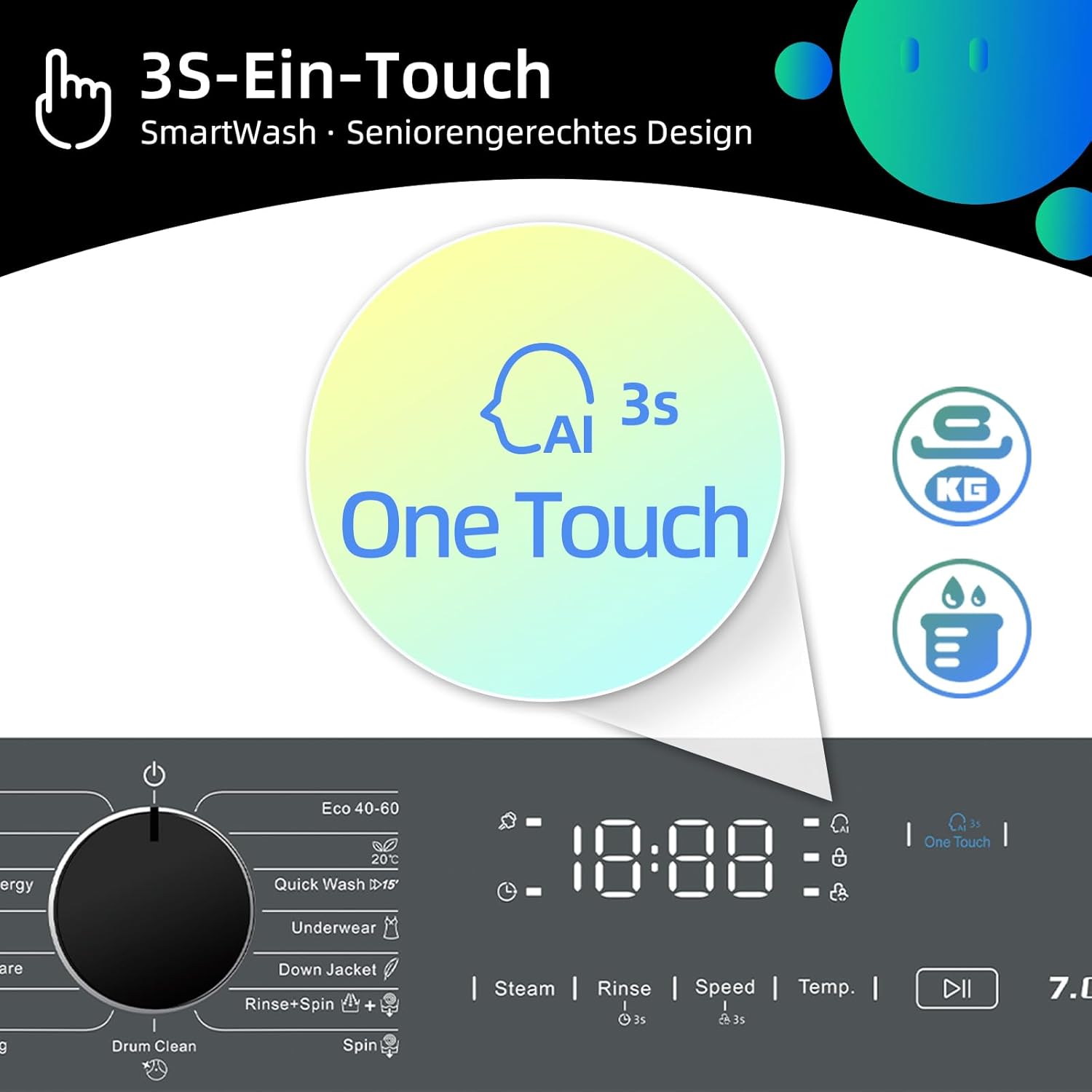 CHiQ Waschmaschine 7kg, 15 Programme, InverterMotor, Eco-Logic, Speed Wash, 60x46,5x84cm, Auto Clean, Washer Grau, CW07123863AX