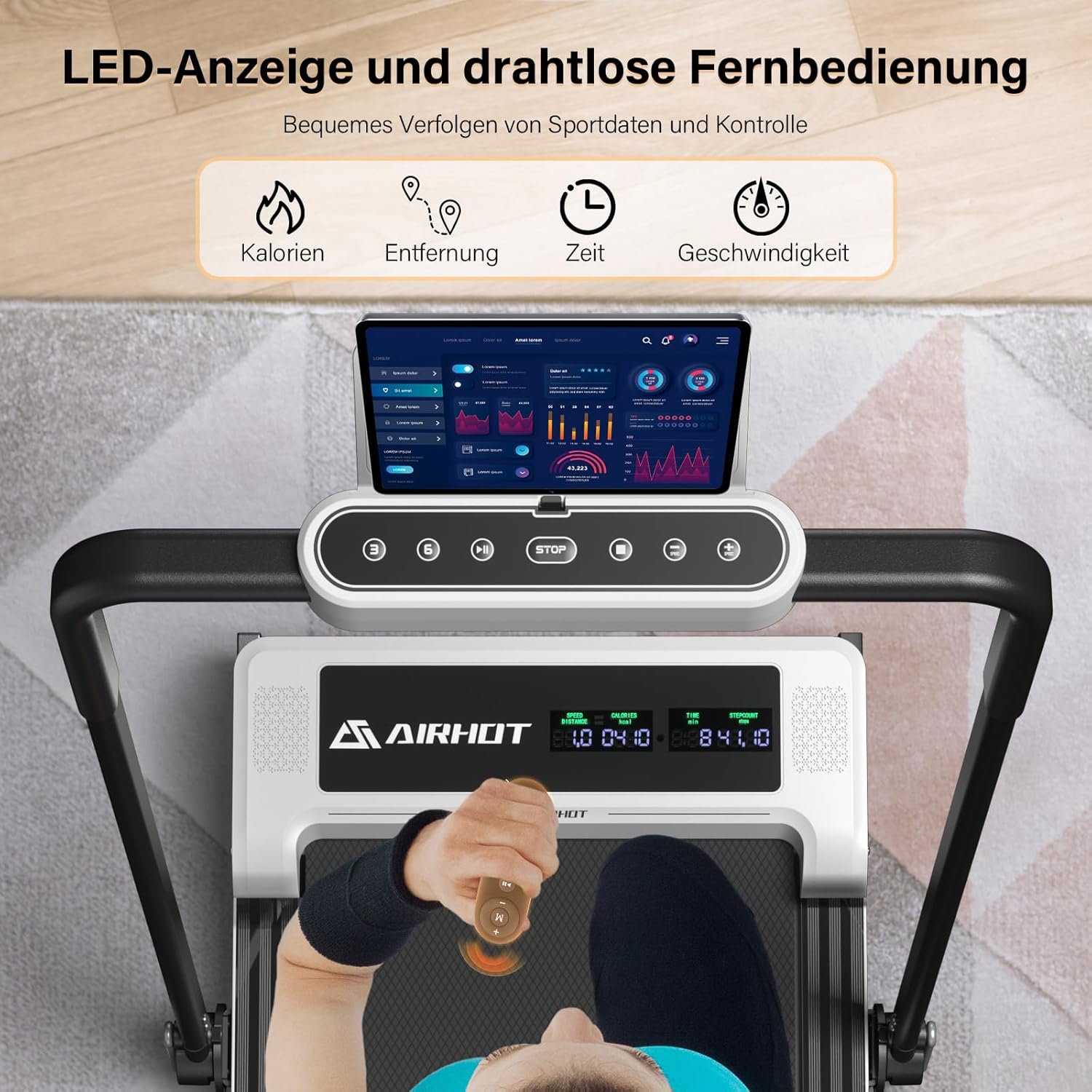 Laufband für Zuhause-AIRHOT, 2,5 PS Walking Pad, Untertisch-Laufband mit Fernbedienung und LED-Anzeige, maximale Geschwindigkeit von 6 km/h BZW. 12 km/h. Kompaktes Laufband für zuhause oder das Büro