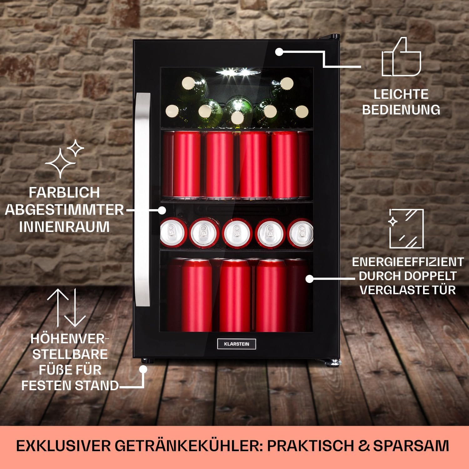 Klarstein Kühlschrank 70L, Kleiner Kühlschrank mit Herausnehmbaren Ablagen, Leiser Mini Kühlschrank mit Glastür & LED, Getränkekühlschrank Klein, Outdoor Geeignet, Biersafe für Flaschen, 0-10°C