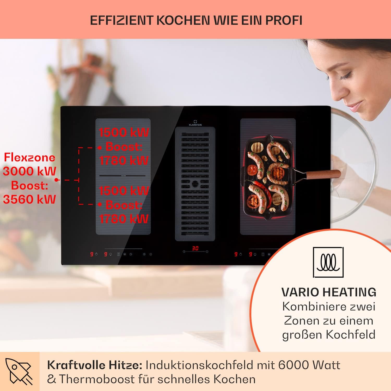 Klarstein 2-in-1 Induktionskochfeld mit Dunstabzug, Induktionskochfeld mit Abluft & Ventilator, 4-Zonen-Kochfeld, Glaskeramik-Einbauherd, Kochfeld mit Dunstabzug, Energieklasse A, 654m³/h Luftstrom