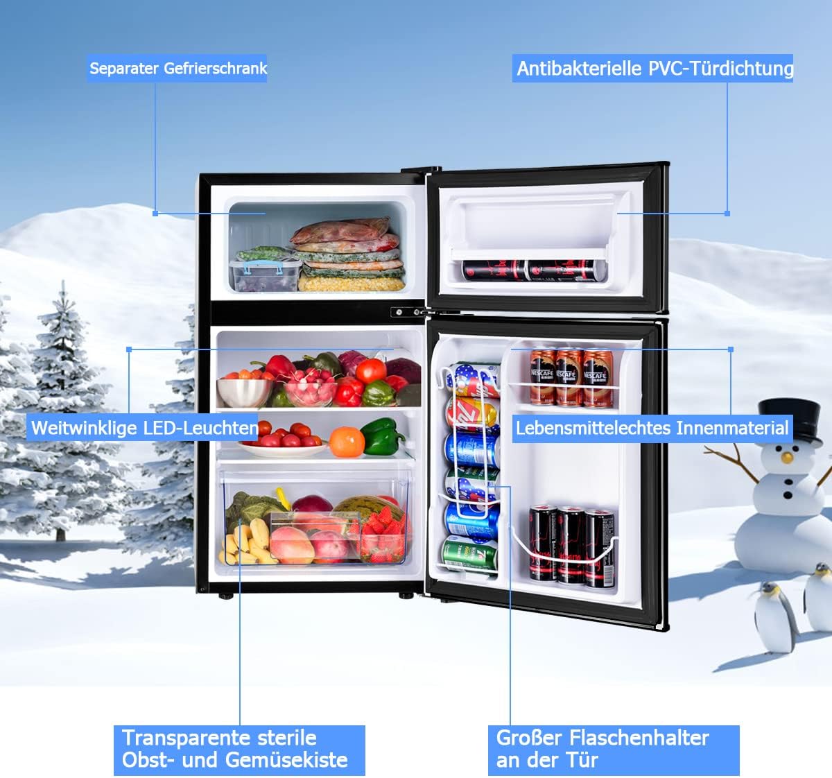 GOPLUS Kühlschrank mit Gefrierfach - Kühl Gefrierkombination / 90L Gesamtnutzinhalt, 27L Gefrierteil/Thermostat einstellbar/LED Innenbeleuchtung/Türanschlag wechselbar (Weiß)