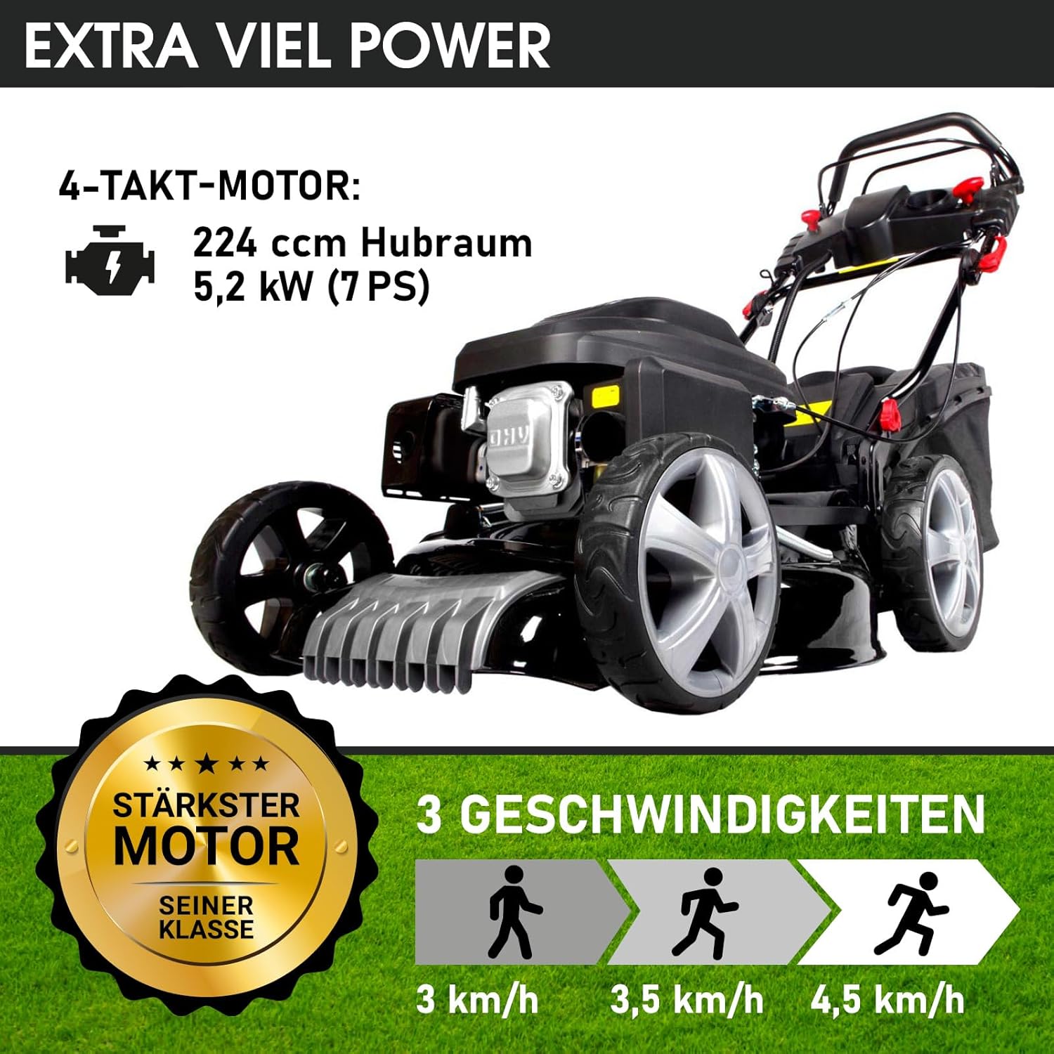 BRAST Benzin Rasenmäher mit Antrieb | 5,2kW(7PS) | Elektrostart | 48cm Schnittbreite | viele Modelle | TÜV | 4 Takt OHV Motor | 30-80mm Schnitthöhe | 60L Fangkorb | Stahlgehäuse | 19224 ESTART Speed