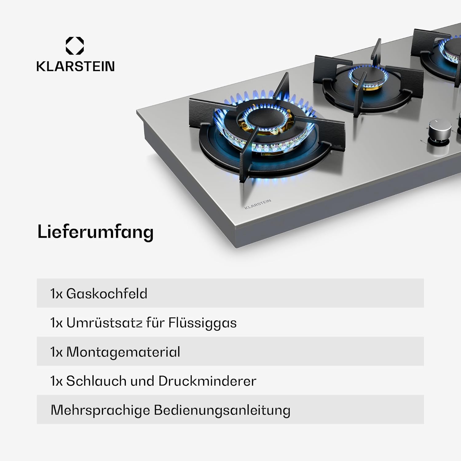 Klarstein Gasherd, Gaskochfeld 5 Flammen, Einbau-Gaskocher für Zuhause & Wohnmobil, Campingkocher mit Glasplatte, Gasherd für Propan- und Erdgas, Edelstahl Gas-Herdplatte Wok Brenner 10400 Watt