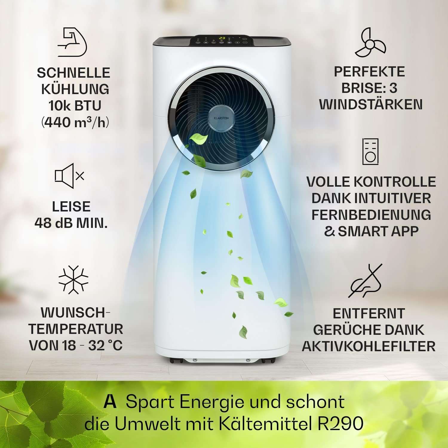 Klarstein Mobile Klimaanlage mit Abluftschlauch, 5-in-1 Klimagerät, Ventilator, Luftentfeuchter, Luftreiniger & Nachtmodus, App-Steuerung, Kleine & Portable für Wohnung & Büro, 12000 BTU