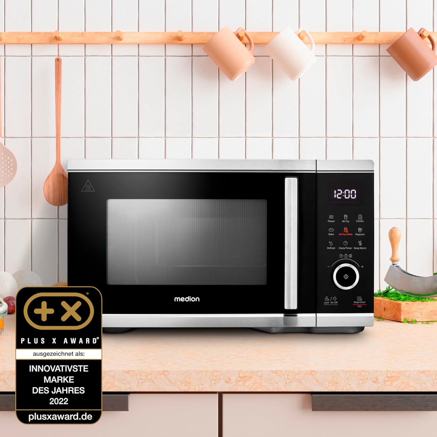 MEDION Mikrowelle mit Heißluftfritteusenfunktion (25 Liter, 1.500 Watt Heißluft, 900 Watt Mikrowelle, 9 Automatikprogramme, Popcorn-Taste, Auftaufunktion, LED Display, MD11499)