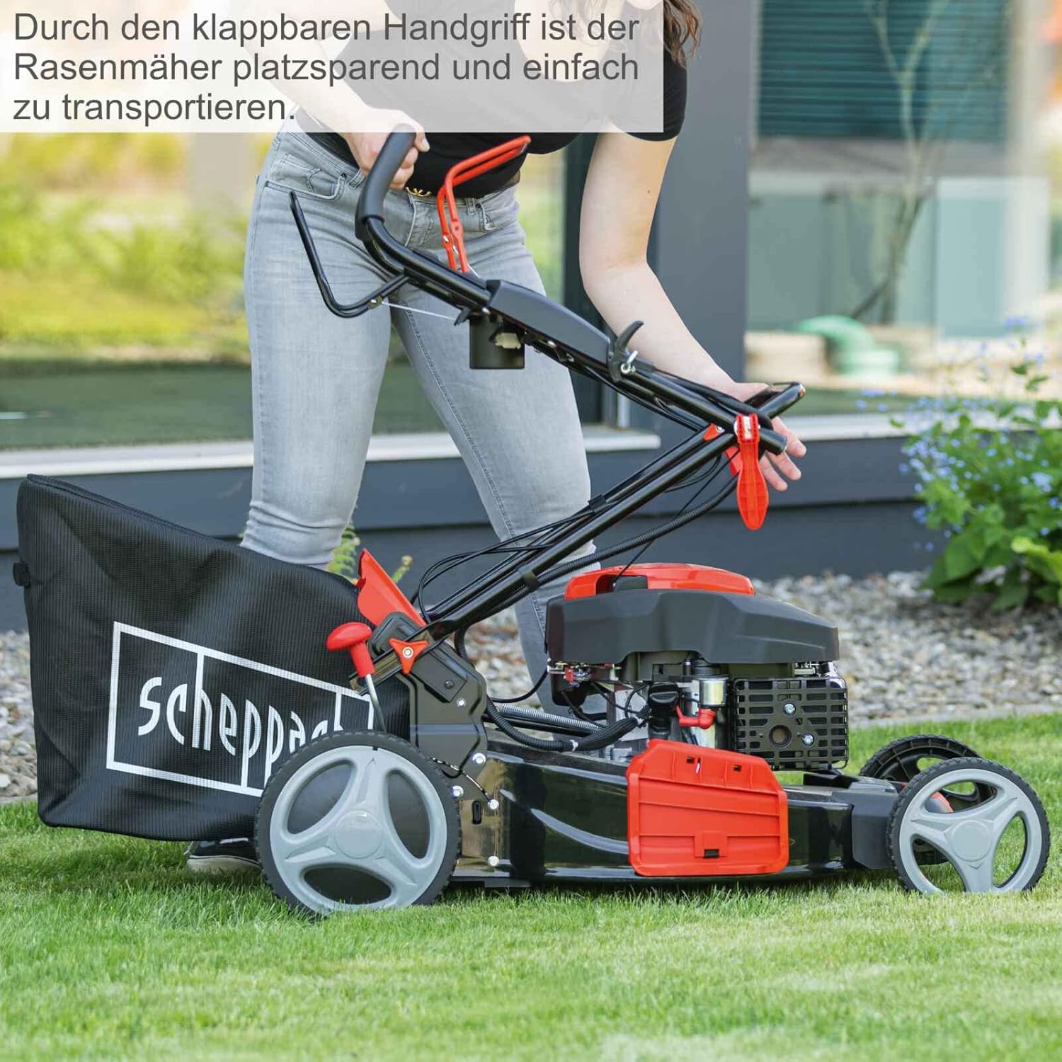 Scheppach MS150-46E Benzin Rasenmäher mit E-Start | 46cm Schnittbreite | Reinigungsfunktion | 55 Liter Fangkorb | Stahlgehäuse | 7-stufige Höhenverstellung | Mulchfunktion | Radantrieb | Seitenauswurf