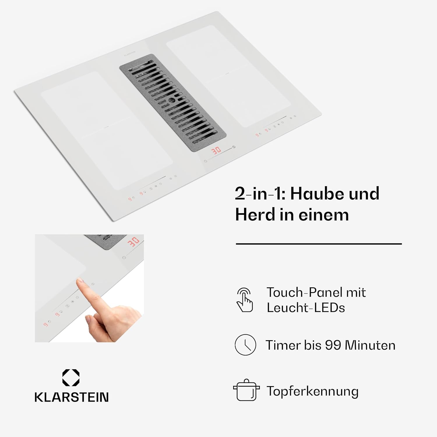 Klarstein 2-in-1 Induktionskochfeld mit Dunstabzug, Induktionskochfeld mit Abluft & Ventilator, 4-Zonen-Kochfeld, Glaskeramik-Einbauherd, Kochfeld mit Dunstabzug, Energieklasse A, 654m³/h Luftstrom