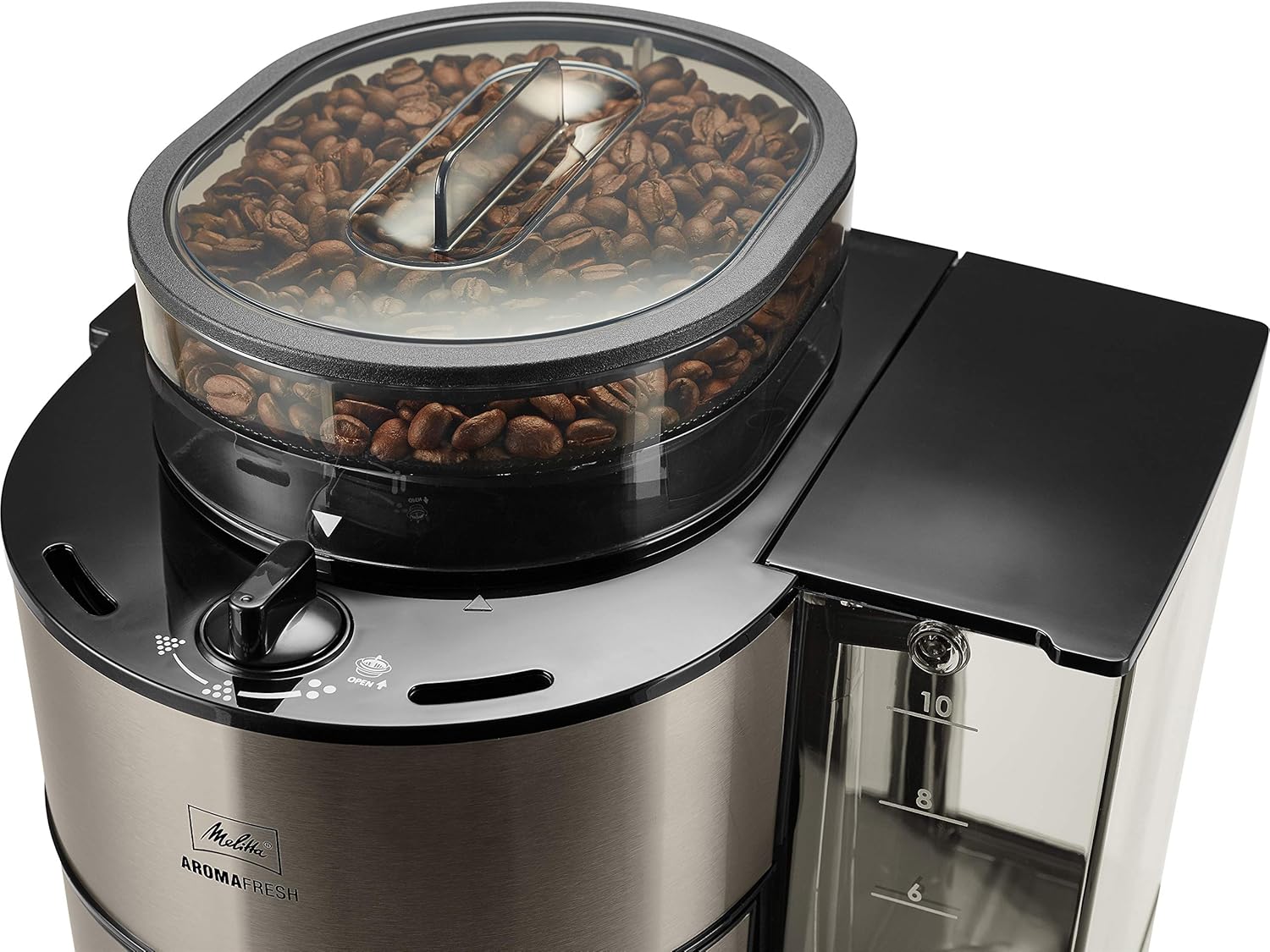 Melitta AromaFresh - Filterkaffeemaschine - mit Glaskanne - integriertes Mahlwerk - Timer Funktion - 10 Tassen - Pure Black