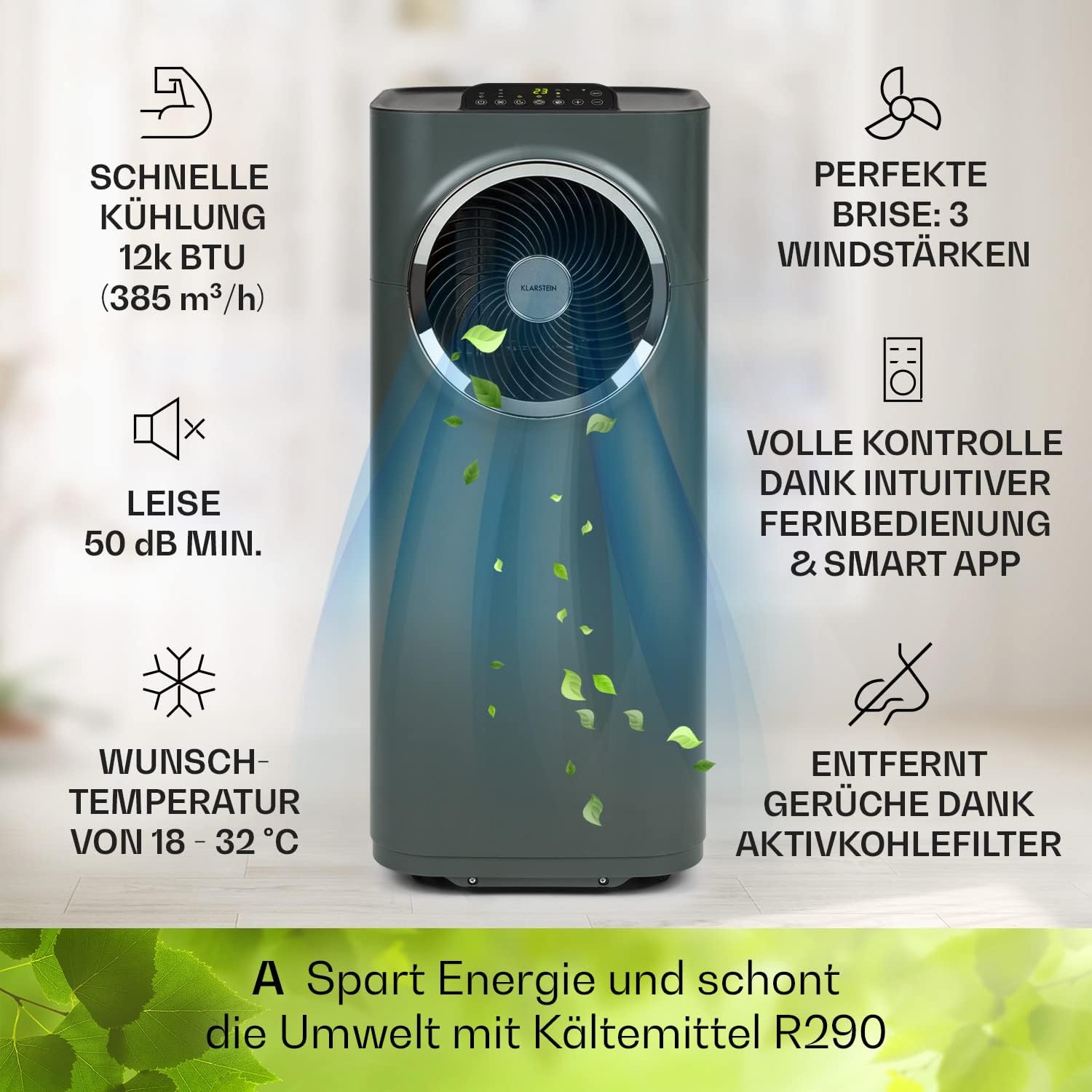 Klarstein Mobile Klimaanlage mit Abluftschlauch, 5-in-1 Klimagerät, Ventilator, Luftentfeuchter, Luftreiniger & Nachtmodus, App-Steuerung, Kleine & Portable für Wohnung & Büro, 12000 BTU