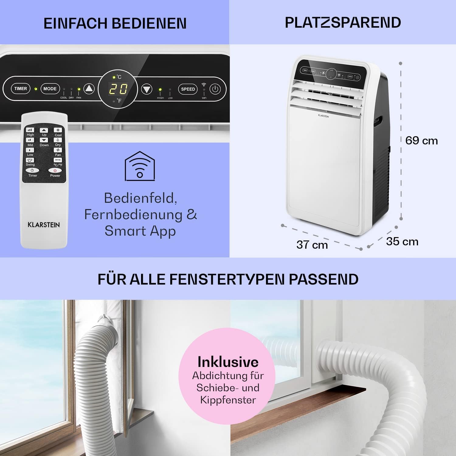Klarstein Mobile Klimaanlage mit Abluftschlauch, 4-in-1 Klimagerät mit Ventilator, Luftentfeuchter & Nachtmodus, Kleine & Portable Klimaanlage für Wohnung & Büro, Niedriger Verbrauch, 9000 BTU