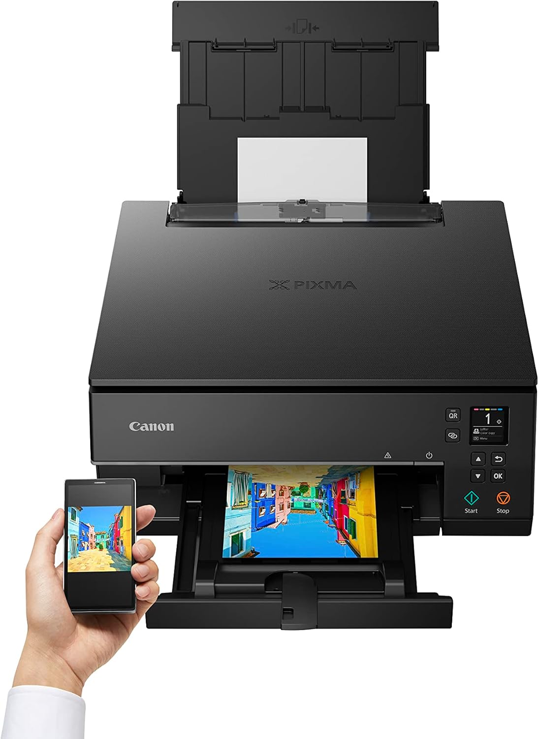 Canon PIXMA TS6350a Drucker Farbtintenstrahl Multifunktionsgerät DIN A4 (Fotodrucker, Scanner, Kopierer, OLED, 4.800x1.200 dpi, USB, WLAN, 5 separate Tinten, Duplexdruck, 2 Papierzuführungen), schwarz