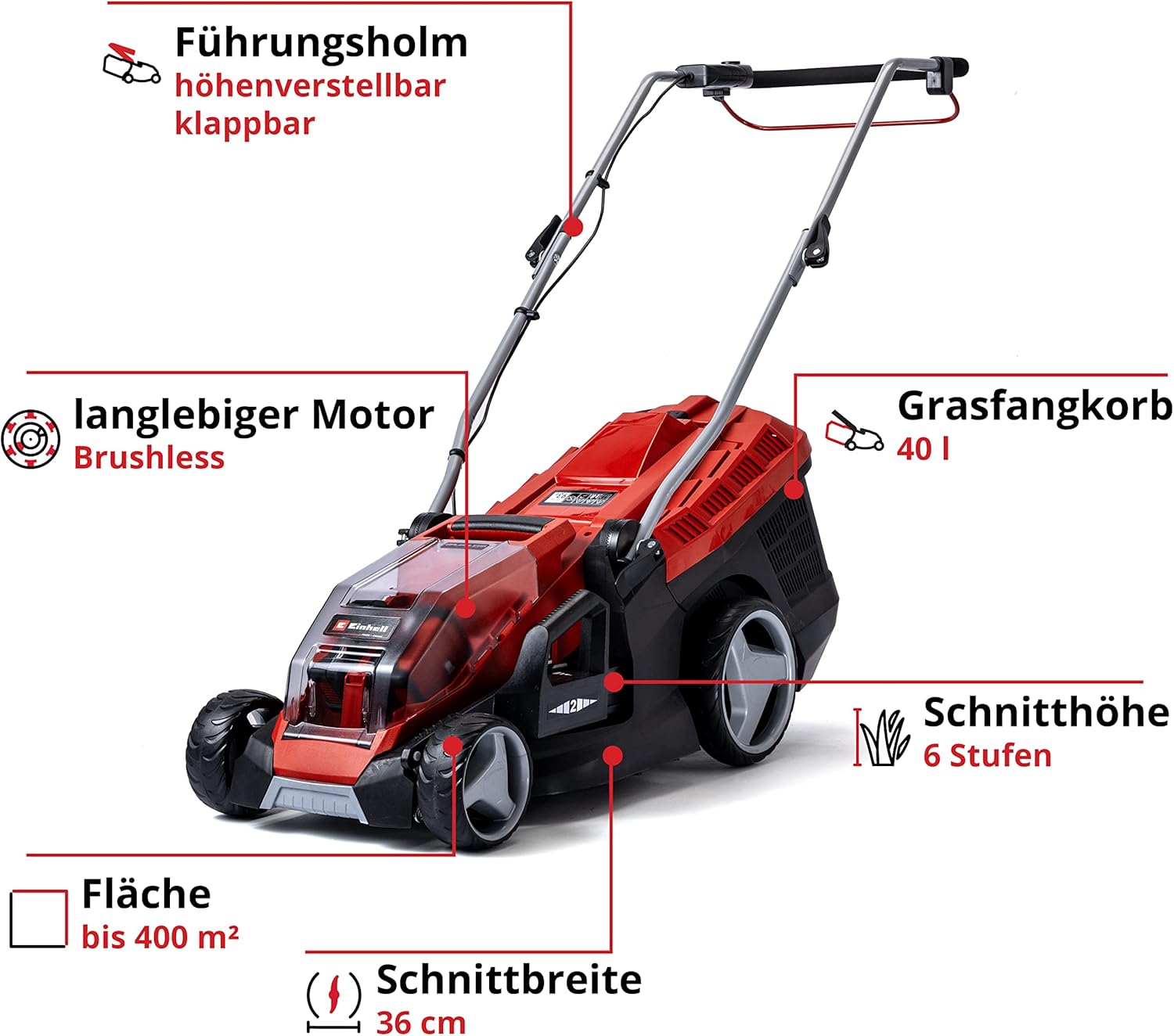 Einhell Akku-Rasenmher GE-CM 36/36 Li Kit Power X-Change (36 V, 36 cm Schnittbreite, bis 400 m, Brushless, 40L Fangkorb, 25-75 mm Schnitthhe, inkl. 2x 4,0 Ah Akku + 2x Ladegert)