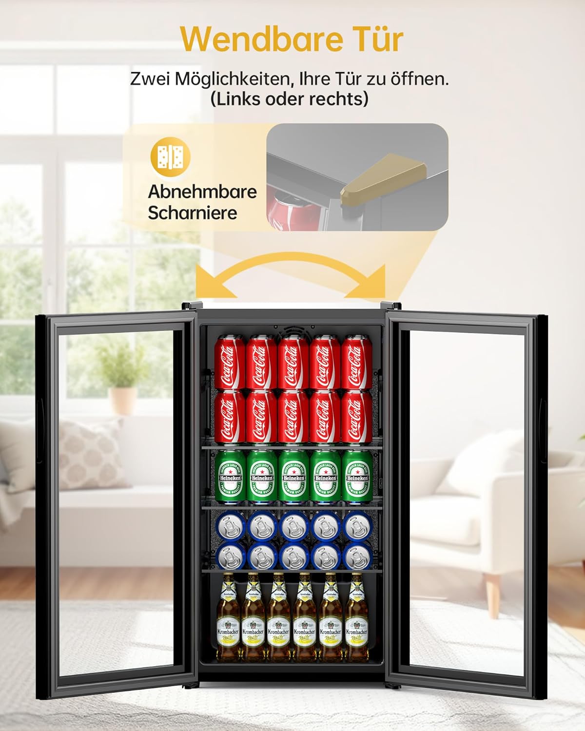 WIE Getränkekühlschrank Mini Kühlschrank mit Doppelte Glastür mit Verstellbaren Ablagen Indoor Outdoor Klein Bierkühlschrank Wendetür Leise 86 Liter 120 Dosen für Soda/Bier für Zuhause/Küche/Bar/Büro