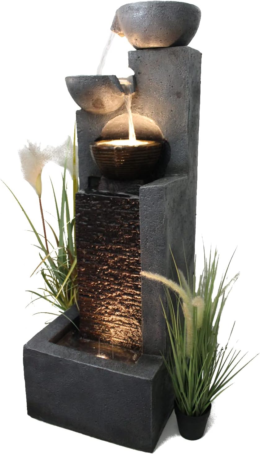 Arnusa Großer Gartenbrunnen mit LED Beleuchtung Springbrunnen Kaskade Wasserspiel Gartendekoration, Schwarz, Grau