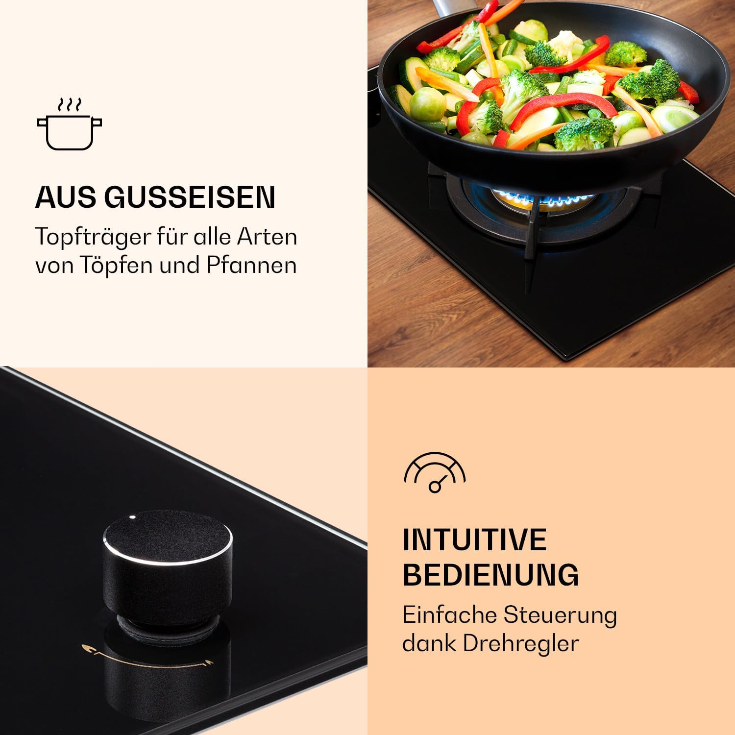 Klarstein Gasherd, Gaskochfeld 4 Flammig, Einbau-Gaskocher für Zuhause & Wohnmobil, Campingkocher mit Glasplatte, Gasherd für Propan- und Erdgas, Edelstahl Gas-Herdplatte Wok Brenner 8000 Watt