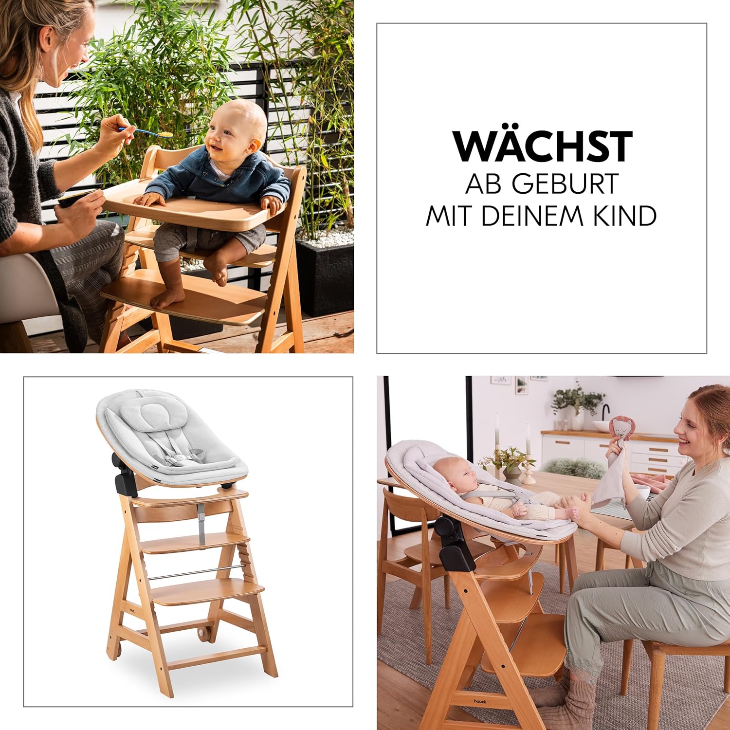 hauck Hochstuhl Beta+ Newborn Set Eco Bouncer - mitwachsender Holz Babyhochstuhl ab Geburt, inkl. Neugeborenenaufsatz, Sitzpolster und Essbrett - Dark Grey