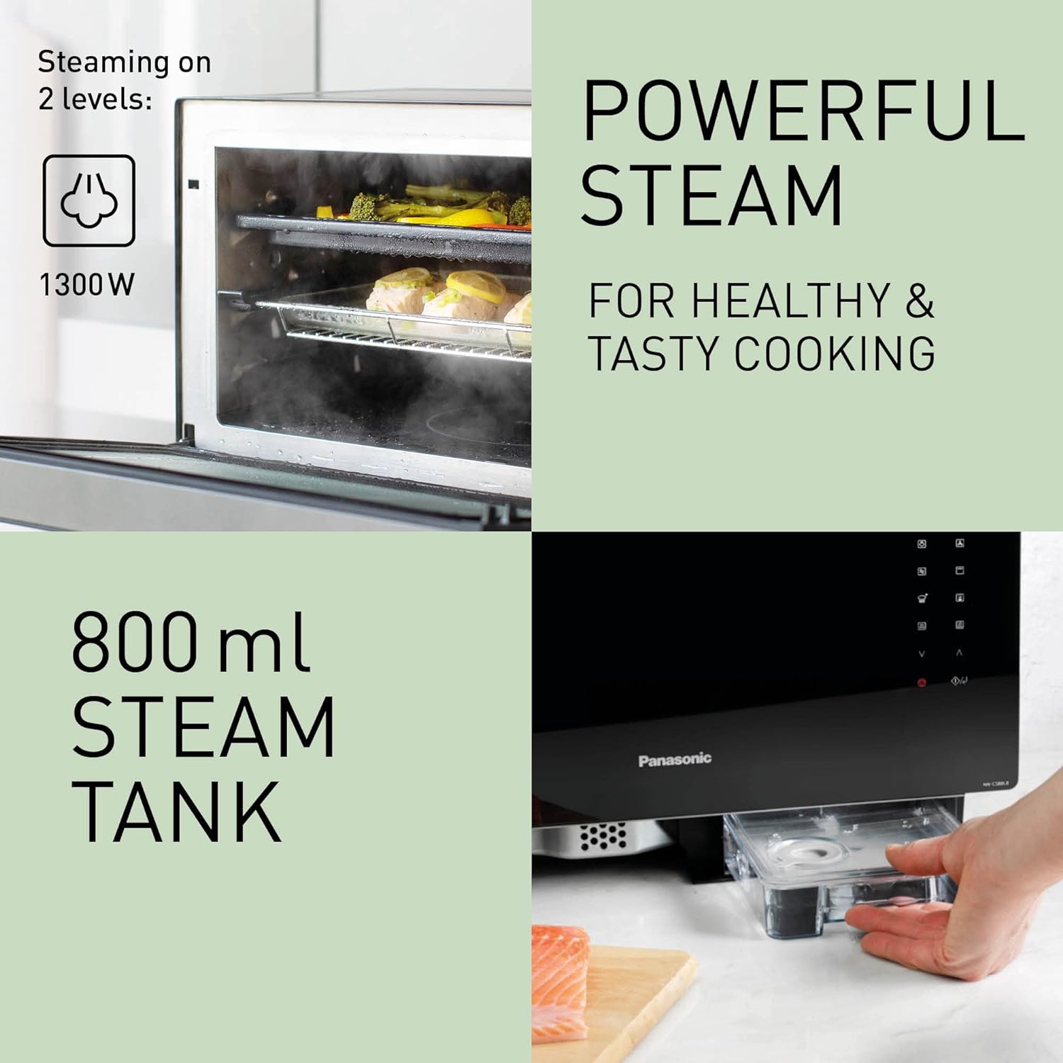 Panasonic NN-CS88LBEPG | 4-in-1-Kombi-Dampfofen, 31 l, Inverter, Drehheizung auf 30-230 °C, Flachgrill 1300 W, Mikrowelle 1000 W, Dampf 1300 W, feste Oberseite, Schwarz — Version FR