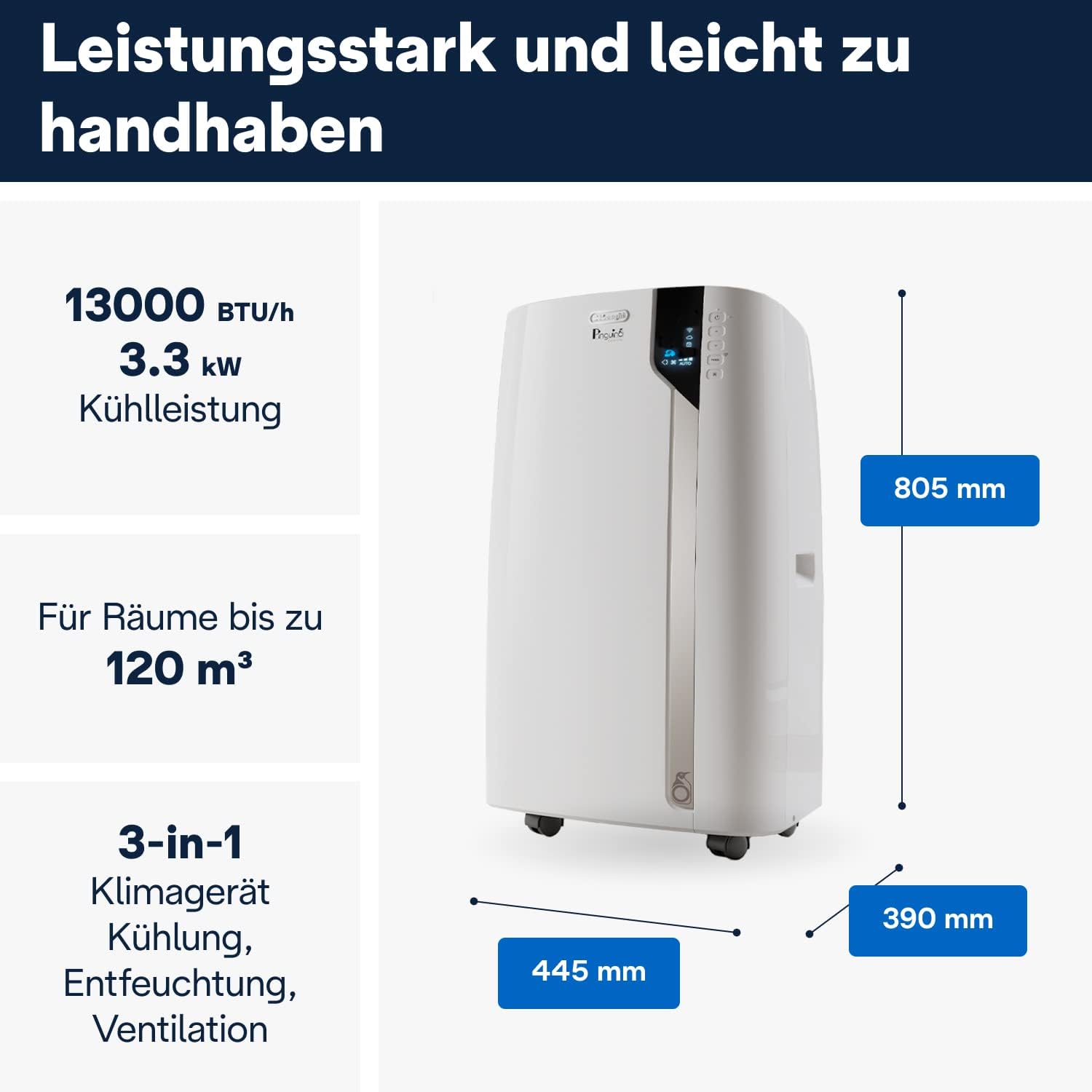 De'Longhi Pinguino PAC EL112 CST WiFi, Mobile Klimaanlage mit MyEcoRealFeel-Technologie für Räume bis zu 110 m³,11.000 BTU/h, 2,9 kW, 63 dB, Entfeuchtungsfunktion, A+, App- und Sprachsteuerung, Weiß