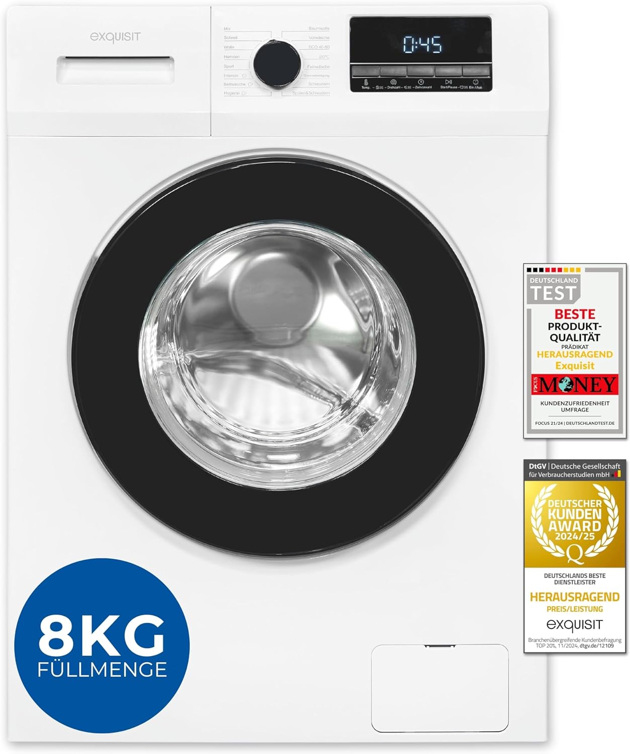 Exquisit Waschmaschine 8kg, Energieeffizienzklasse A, max. 1400 U/Min, Schnellprogramm, Startzeitvorwahl (3-24 Std.), Kindersicherung, Aquastop, ECO, 16 Waschprogramme, WA58014-340A weiss