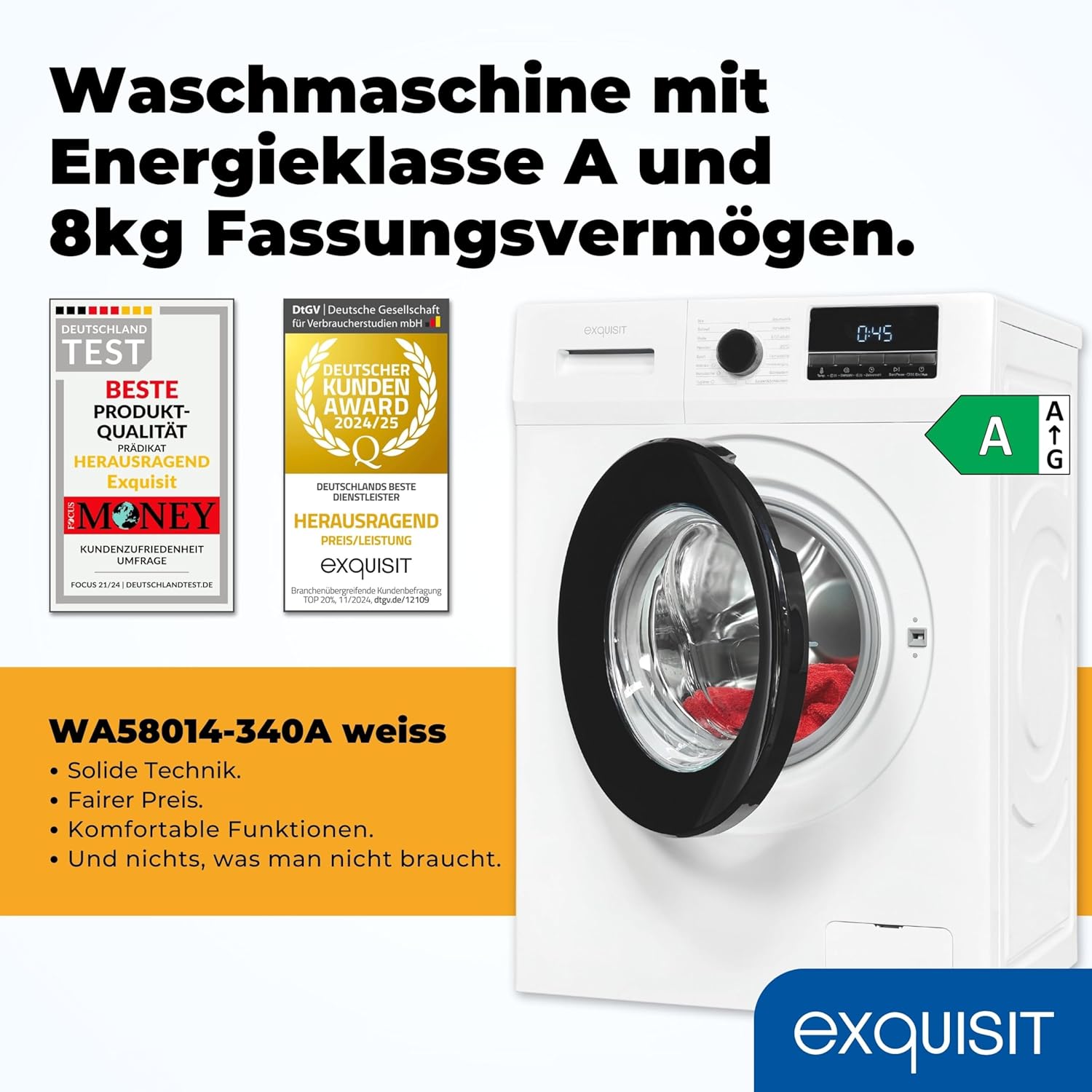 Exquisit Waschmaschine 8kg, Energieeffizienzklasse A, max. 1400 U/Min, Schnellprogramm, Startzeitvorwahl (3-24 Std.), Kindersicherung, Aquastop, ECO, 16 Waschprogramme, WA58014-340A weiss