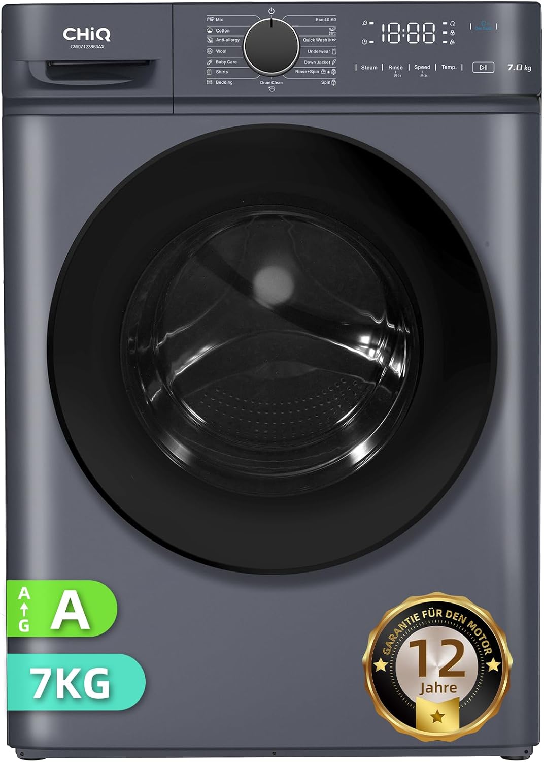 CHiQ Waschmaschine 7kg, 15 Programme, InverterMotor, Eco-Logic, Speed Wash, 60x46,5x84cm, Auto Clean, Washer Grau, CW07123863AX
