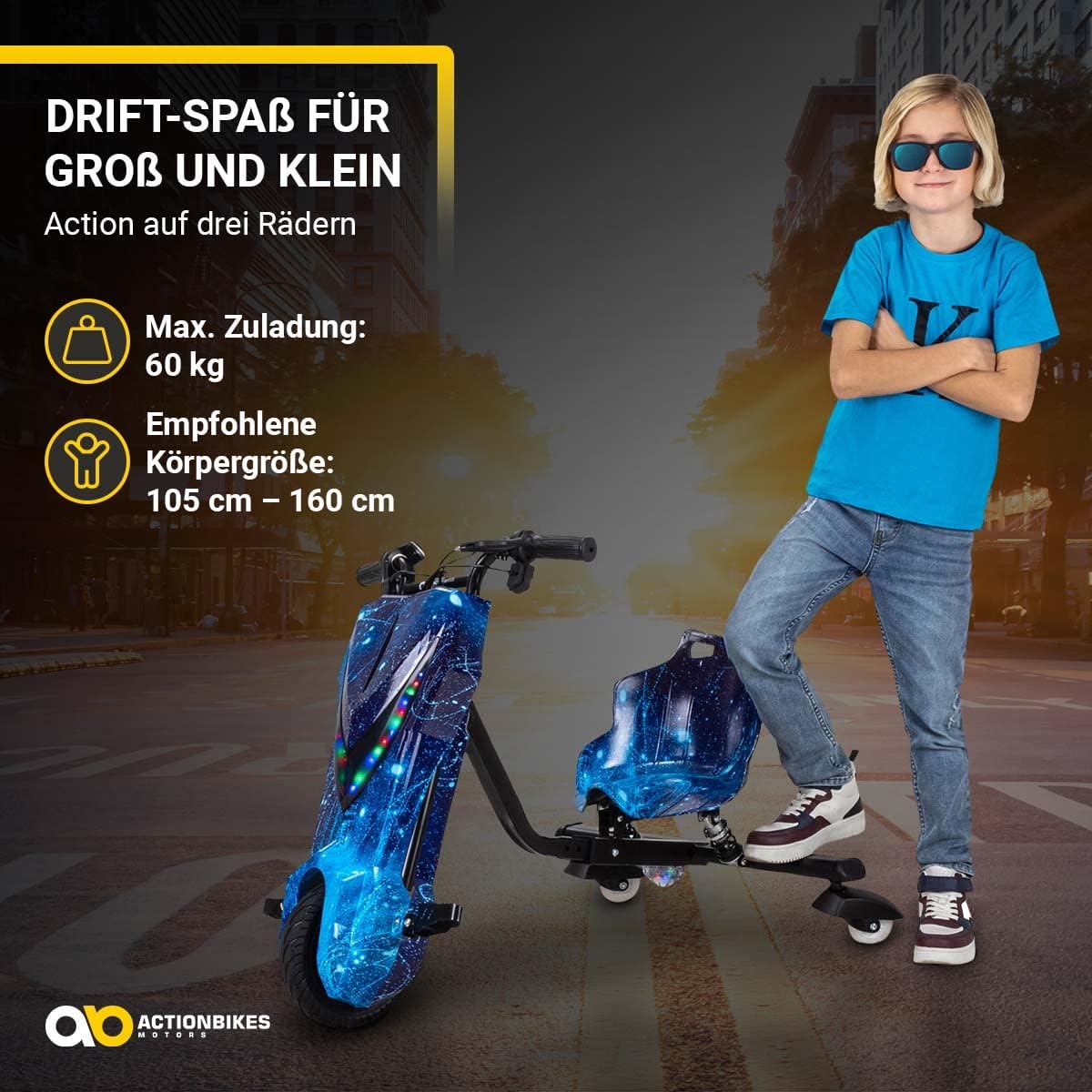 Actionbikes Motors Kinder Elektro Driftscooter | 𝟐𝟓𝟎 Watt Motor - Drift Cart 360°- 3 Geschwindigkeitsstufen - LED-Beleuchtung - Sitz verstellbar - Bluetooth - Drift Kart - Drift Auto (Space Purple)