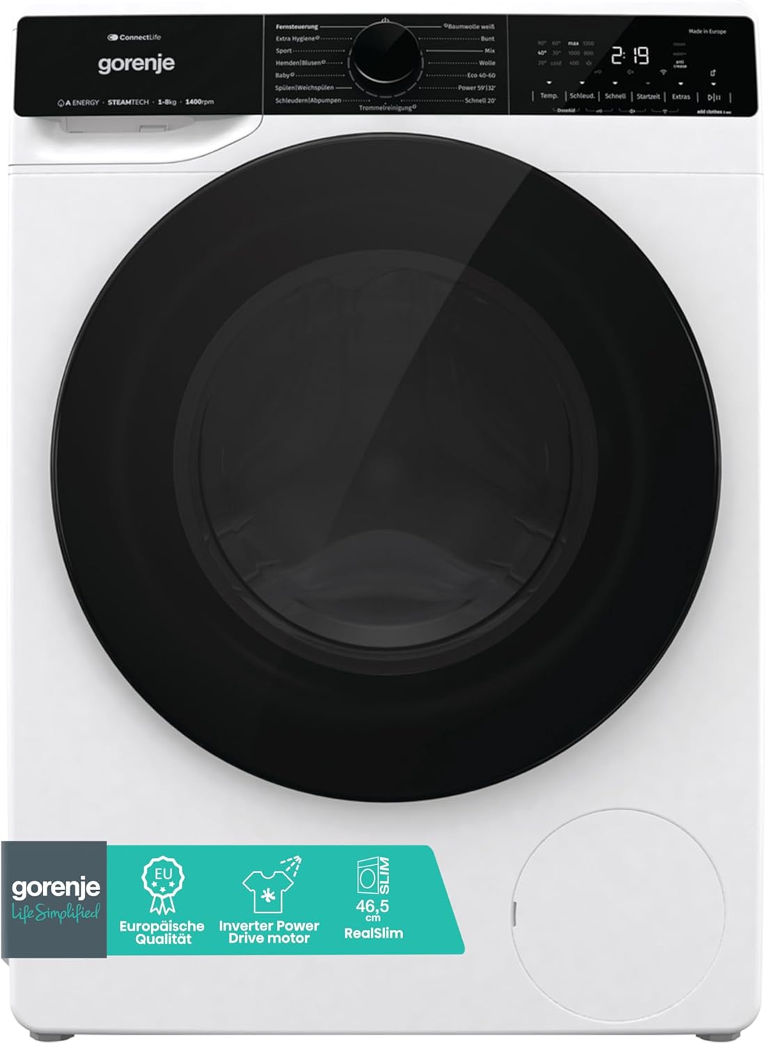 Gorenje WPNA 84 SATSWIFI Waschmaschine mit Dampffunktion / 8 kg / 1400 U/Slim Line/ConnectLife WiFi/Total AuaStop/Inverter PowerDrive Motor/Edelstahltrommel/Kindersicherung/EEK A
