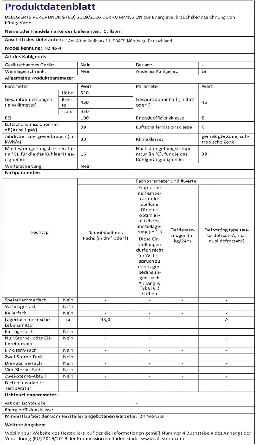 Stillstern Mini Kühlschrank E 45L mit Abtauautomatik, Schloss, Frostfach, Leise, Ideal für Küche, Büro, Schlafzimmer, Hotels und kleine Wohnungen Kühlschrank klein Minibar Getränkekühlschrank