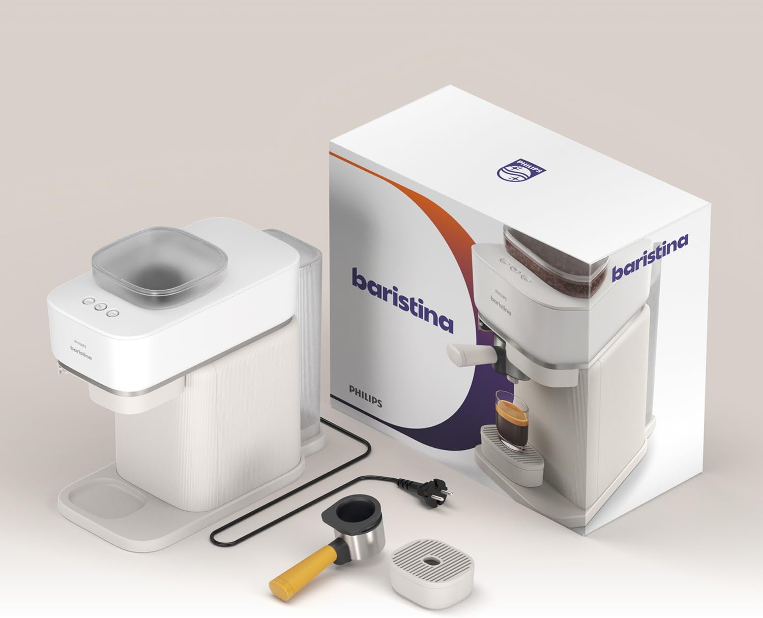 Philips Baristina Espressomaschine - Real Espresso- made simple. Kompakte Kaffeemaschine- Naturweiß mit weißem Siebträger- 16-bar-Pumpendruck- automatisches Mahlwerk- Cafe Crema (BAR300/00)