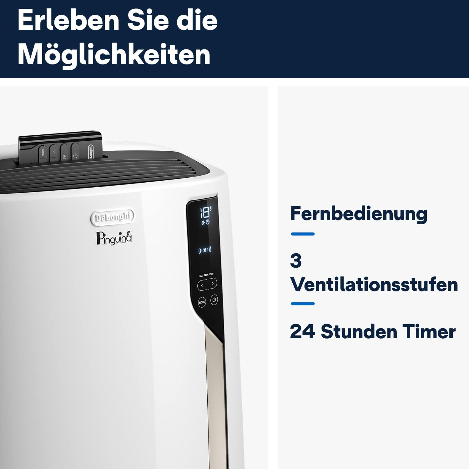 De'Longhi Pinguino PAC EM82, Mobile Klimaanlage für Räume bis zu 80 m³, 9.400 BTU, 2,4 kW, 63 dB, Entfeuchtungsfunktion, Energieklasse A, 24h-Timer, Weiß