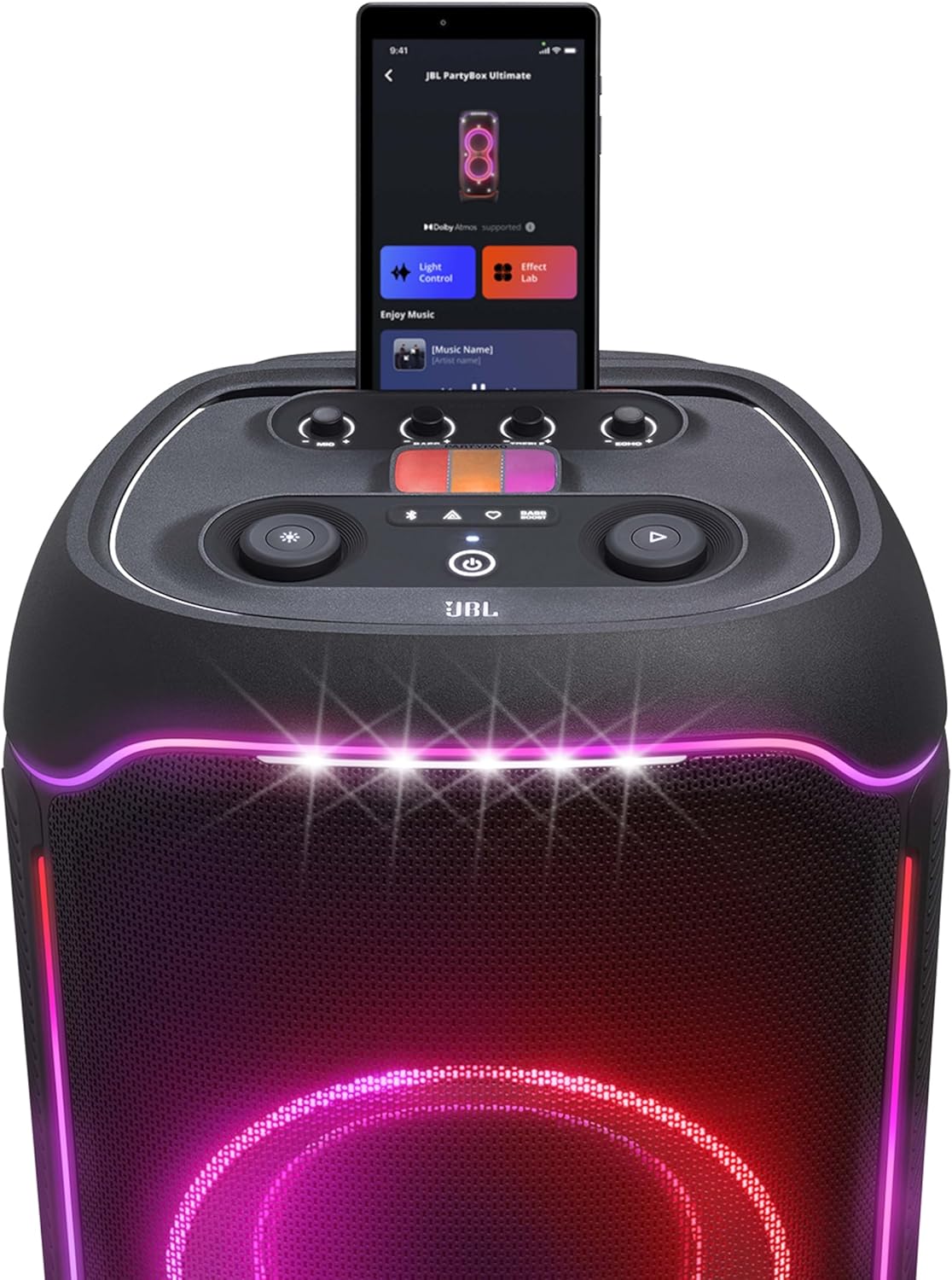 JBL Partybox Stage 120 in Schwarz – Tragbare Bluetooth-Lautsprecher-Box mit JBL Pro Sound, Lichtshow, KI-Sound-Boost und Teleskopgriff – 12 h Laufzeit